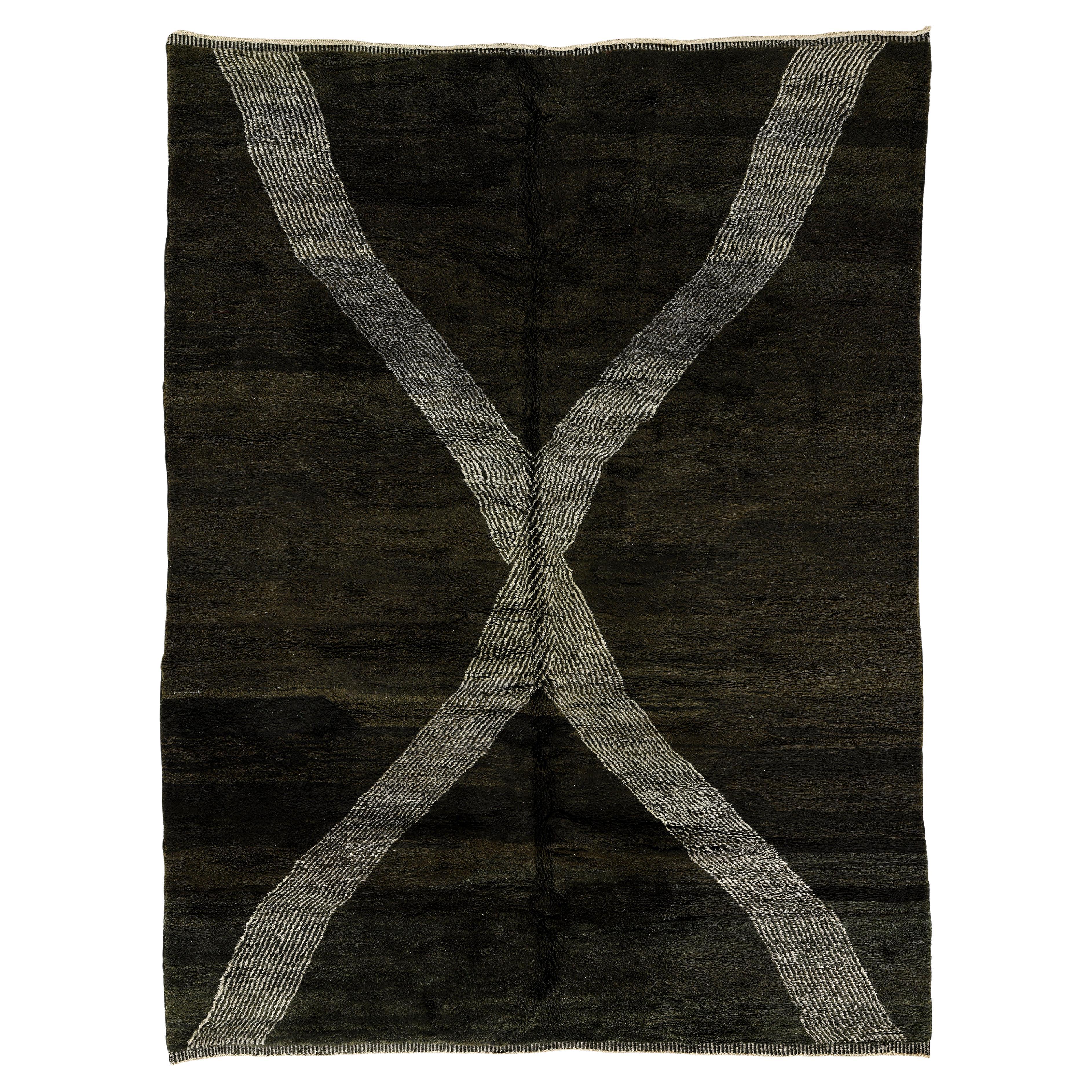 Handmade Moroccan Rug with Crisscross Ivory Stripe on Charcoal Wool Ground