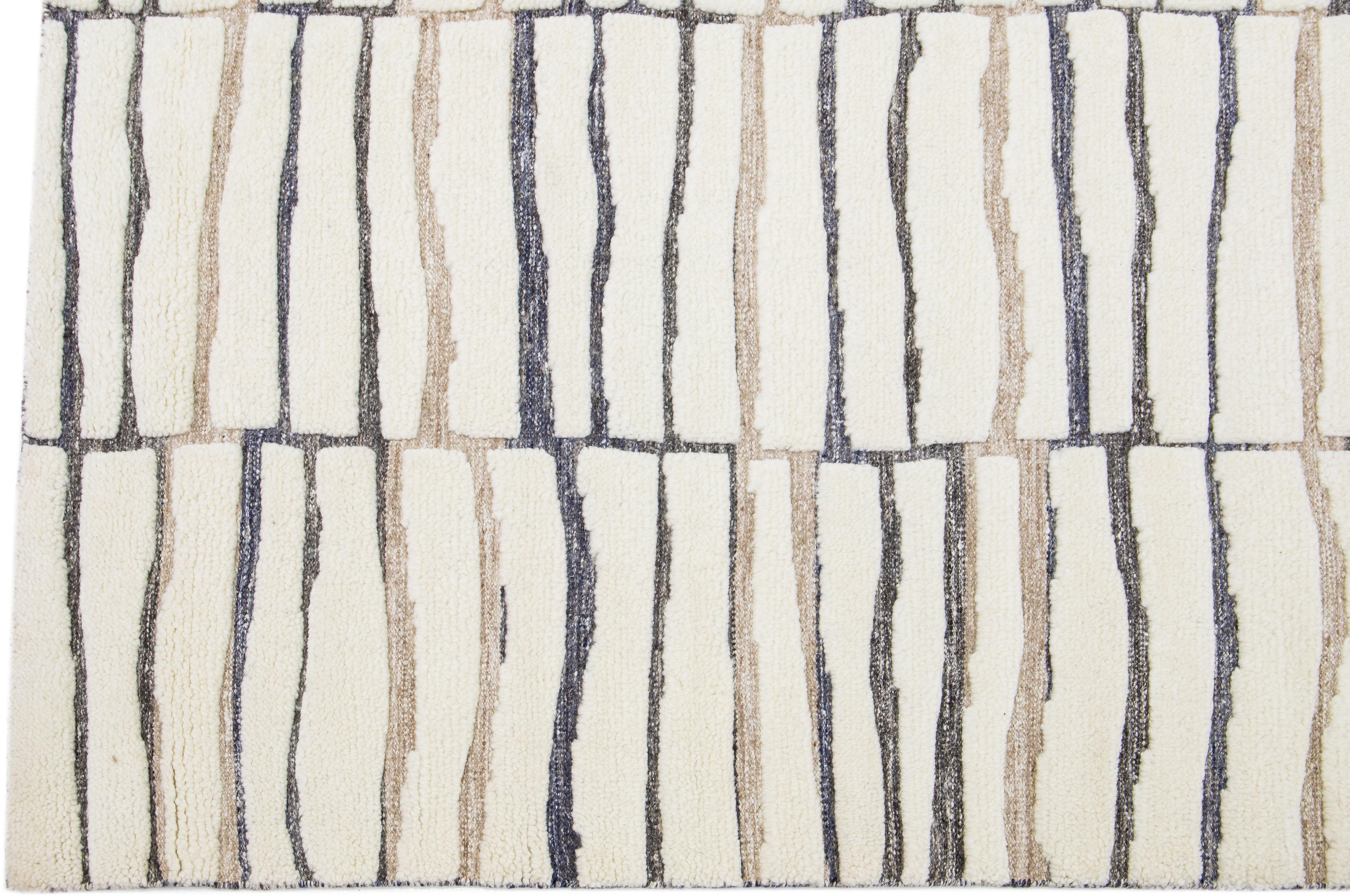 Hand-Knotted Handmade Moroccan Style Modern Wool Rug With Abstract Motif In Ivory For Sale