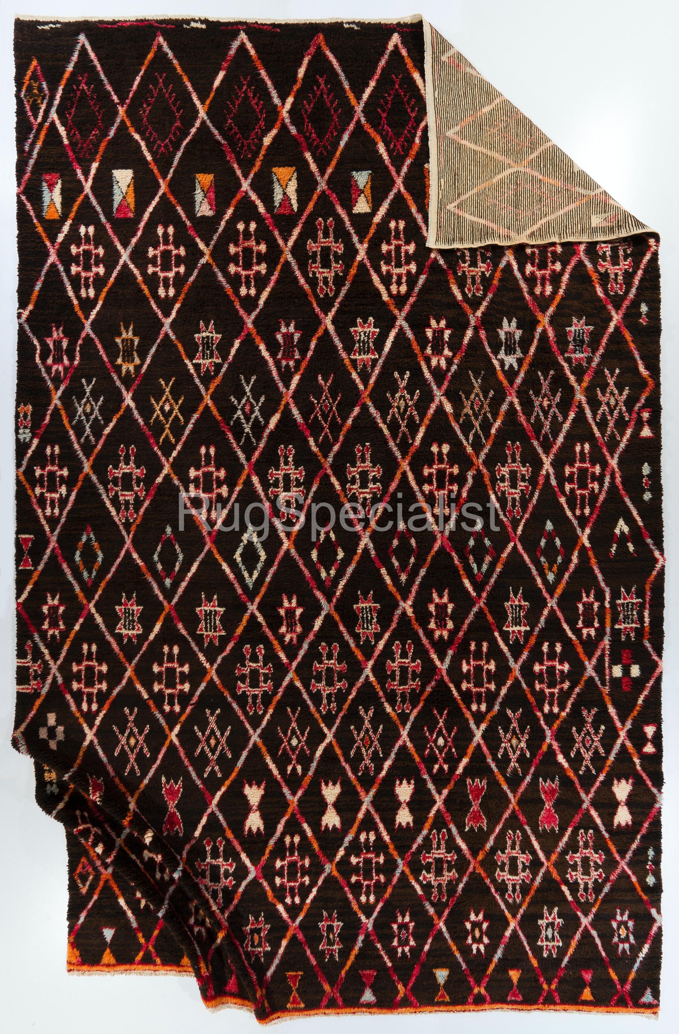 Turkish Handmade Moroccan Tulu Rug in Brown and Red, 100% Wool, Custom Options Available For Sale