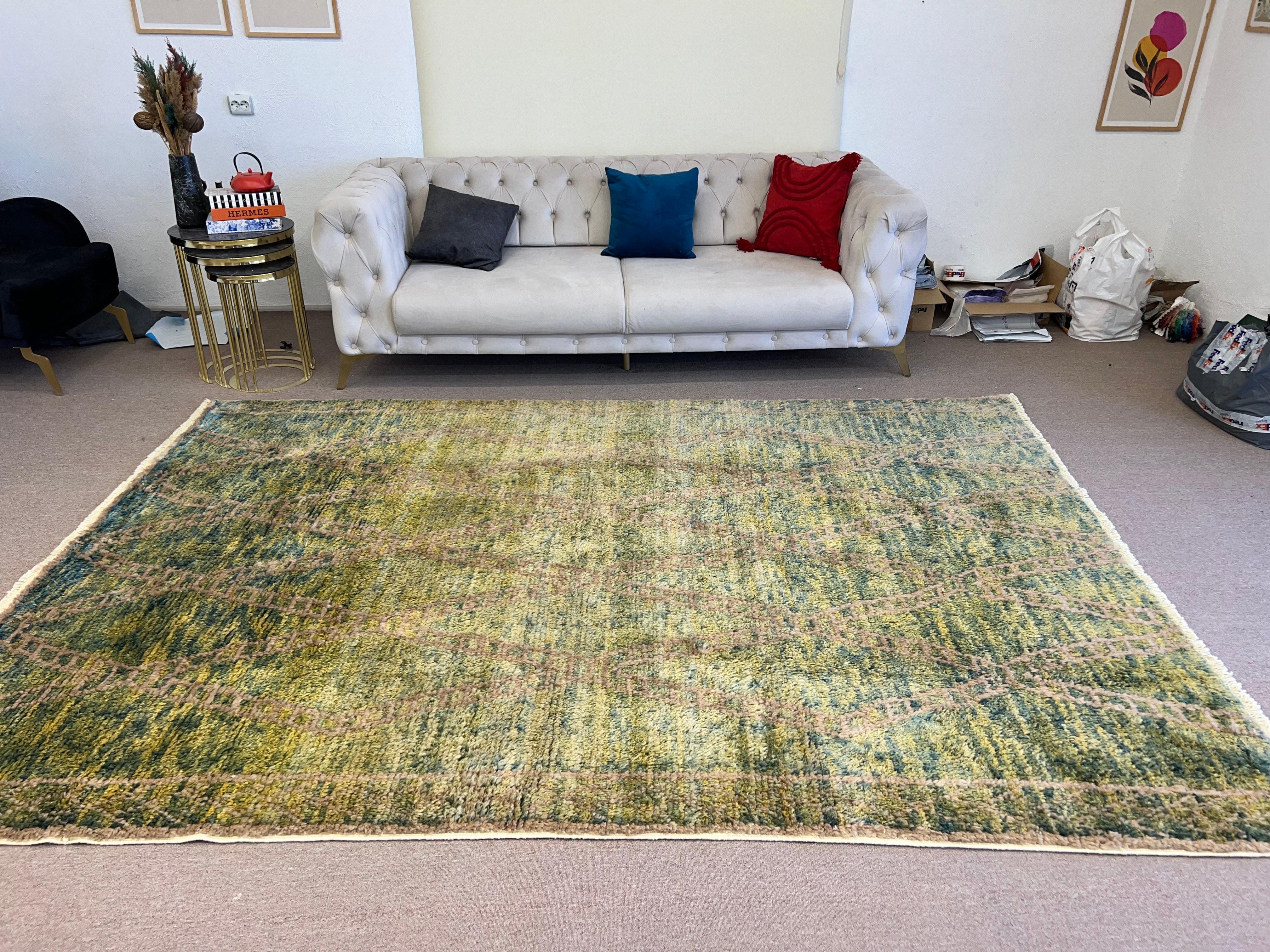 Handmade Moroccan Wool Rug in Blue, Green, Rust. Made-to-Order. Custom Options A For Sale 1