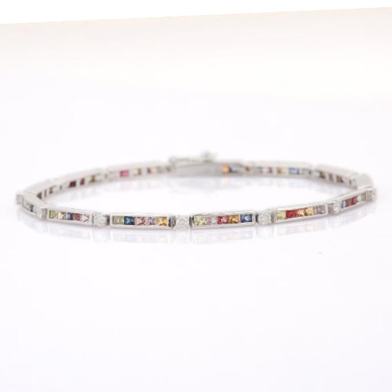 Square Cut Classic Multi Sapphire Thin Luxury Tennis Bracelet for Her in 925 Silver Jewelry For Sale