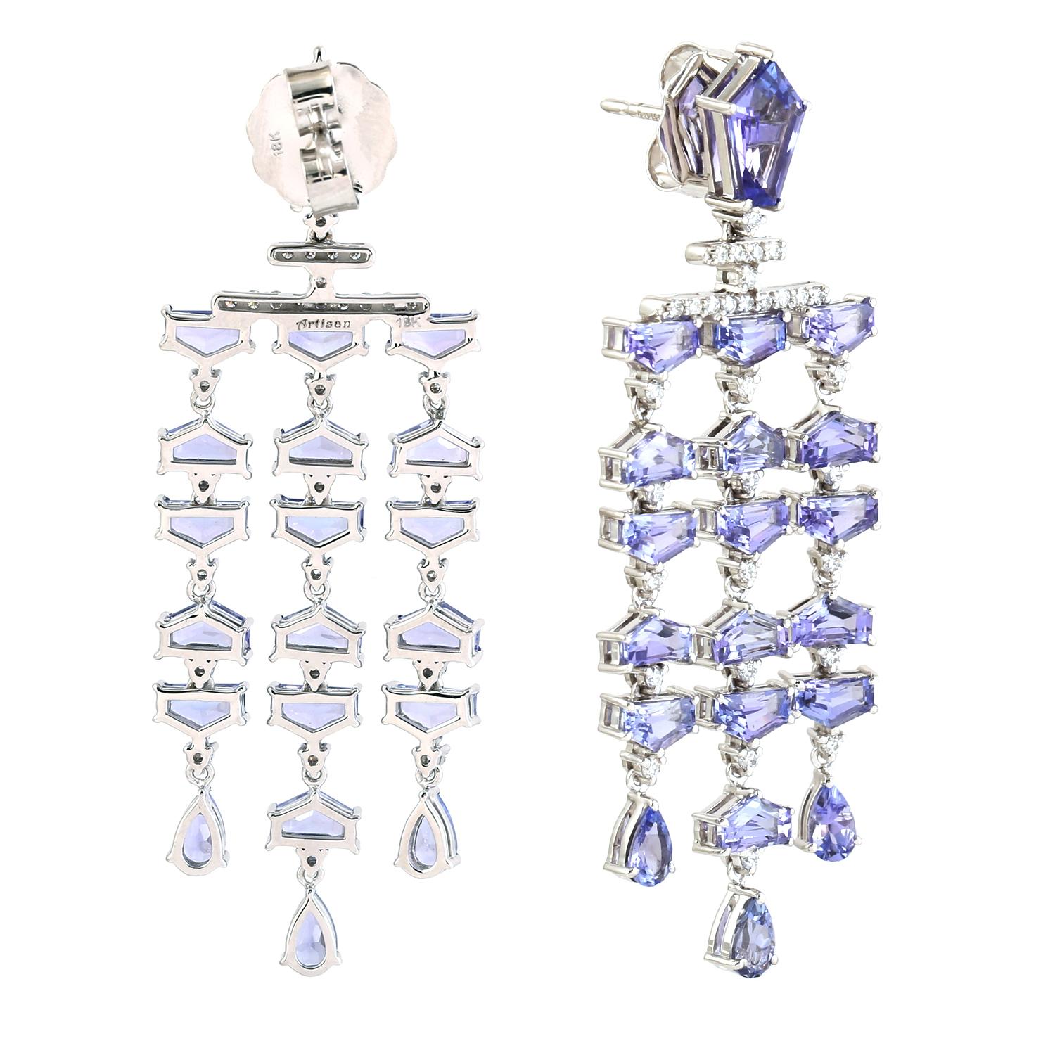 Artisan Handmade Multishaped Tanzanite & Diamonds Dangle Earrings Made In 18k White Gold For Sale