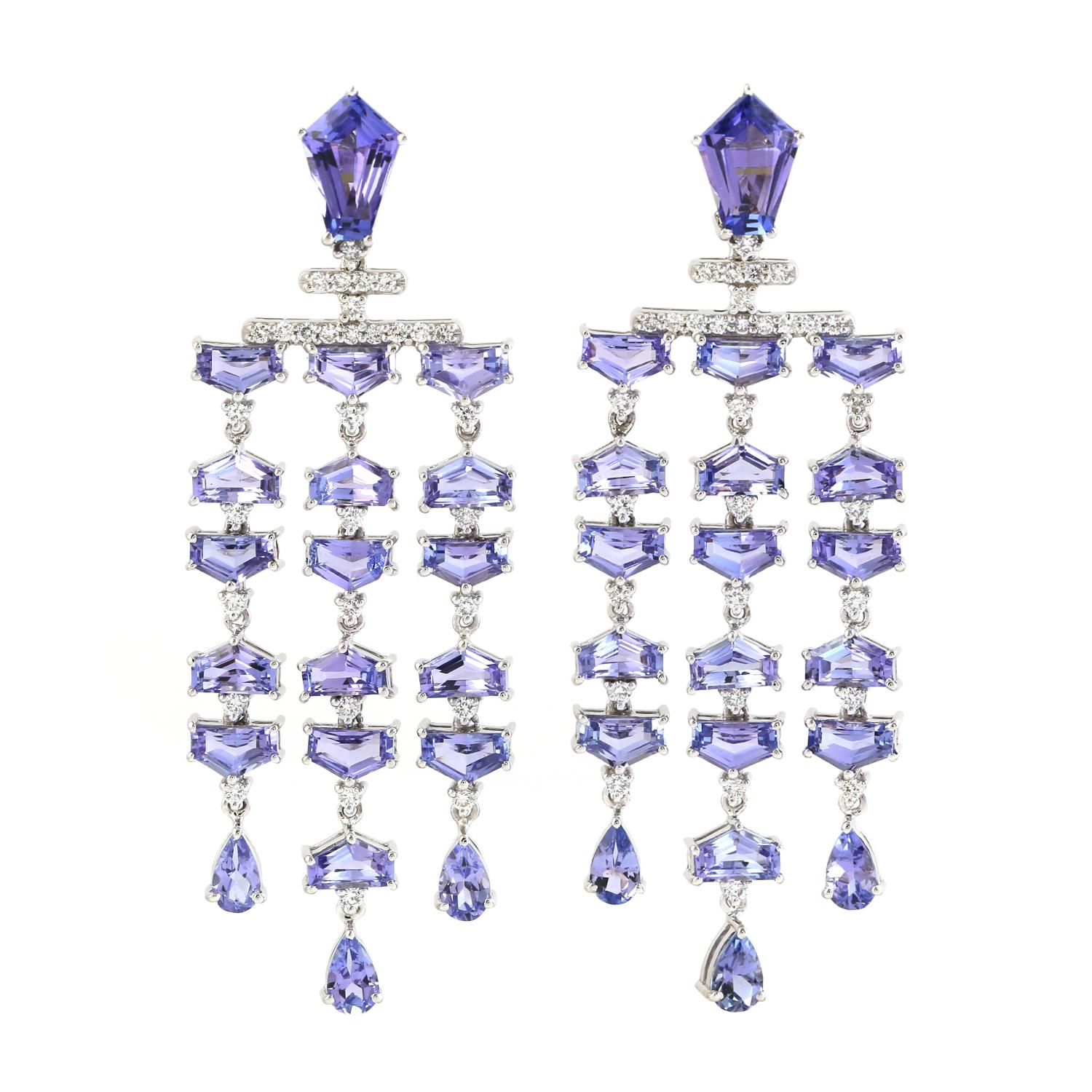 Mixed Cut Handmade Multishaped Tanzanite & Diamonds Dangle Earrings Made In 18k White Gold For Sale