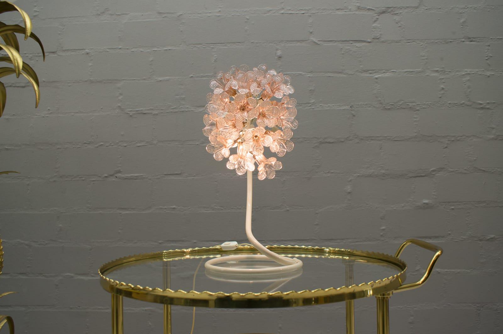 A very rare, decorative Murano glass table lamp from Italy, 1960s. 

Pink, filigree Murano glass flowers. 

One e14 lamp socket.