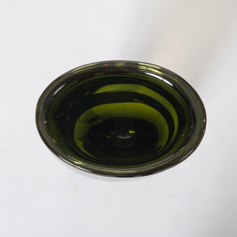 Handmade Murano Glass Sommerso Vase in Darkgreen, Yellow Signed by