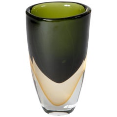 Handmade Murano Glass Sommerso Vase in Darkgreen, Yellow Signed by Romano Donà