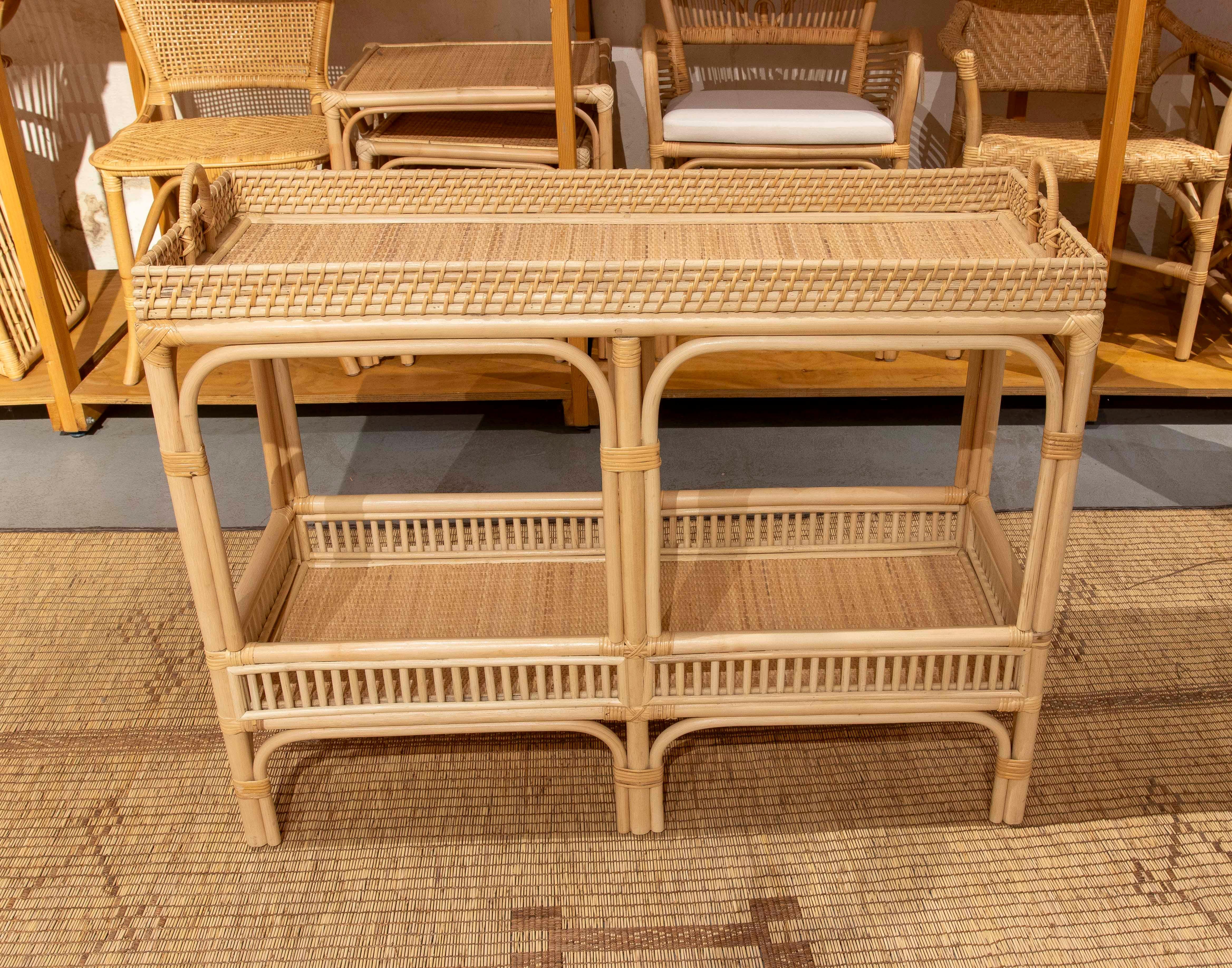 Spanish Handmade Bamboo and Wicker Console Table with Handles For Sale