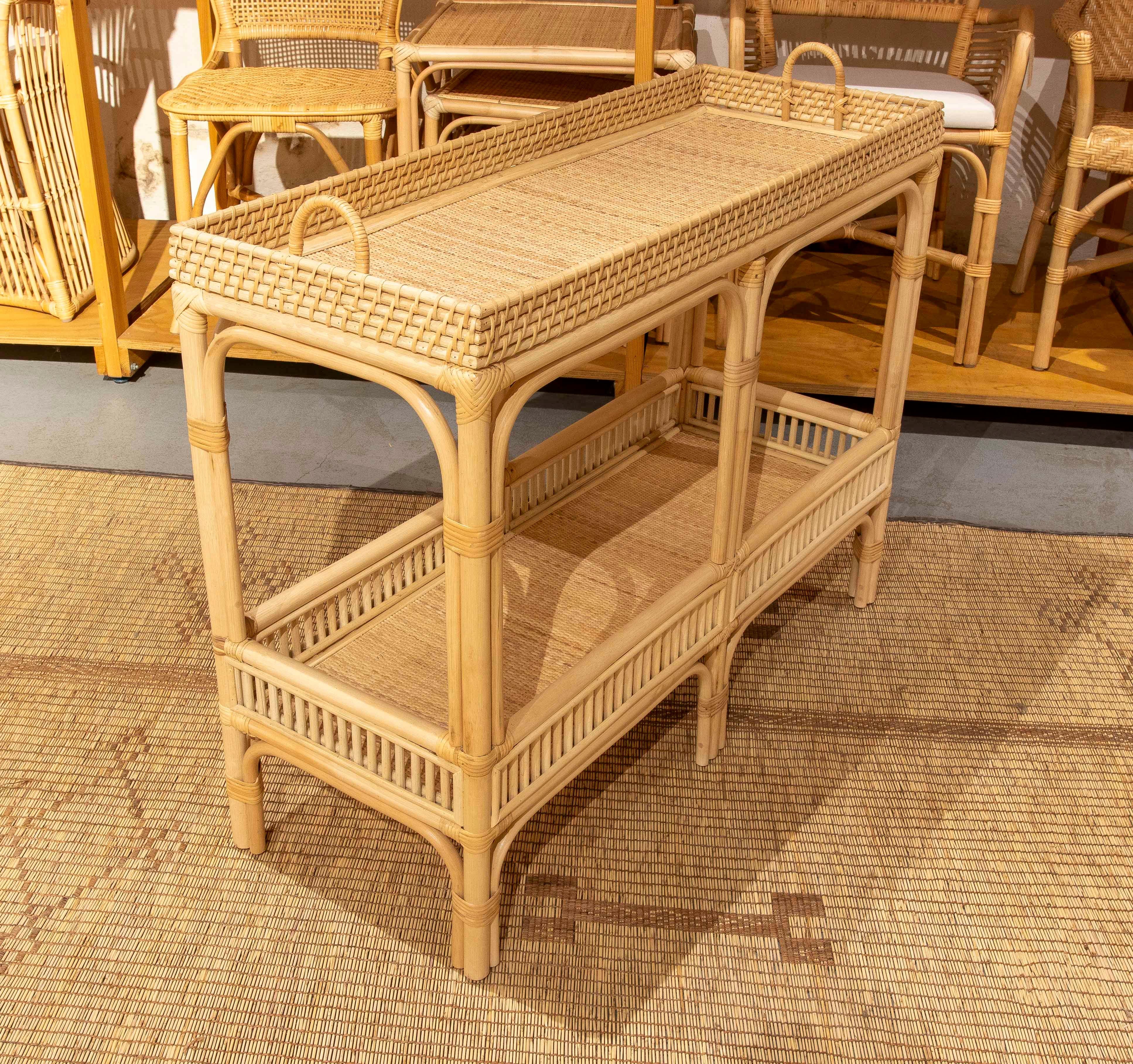 Contemporary Handmade Bamboo and Wicker Console Table with Handles For Sale