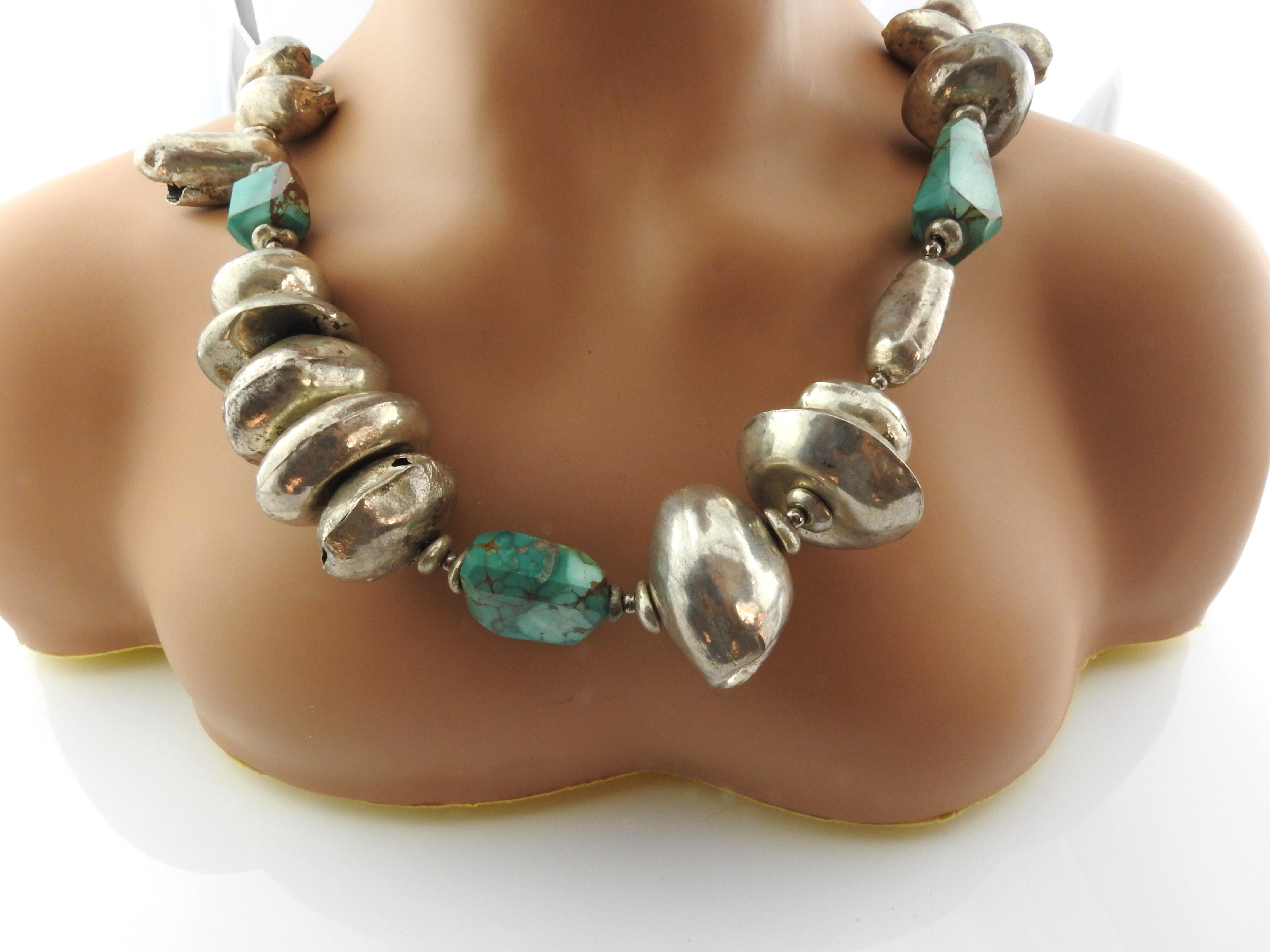 Rough Cut Handmade Native American Silver Puffy Hollow Bead and Turquoise Chunk Necklace For Sale