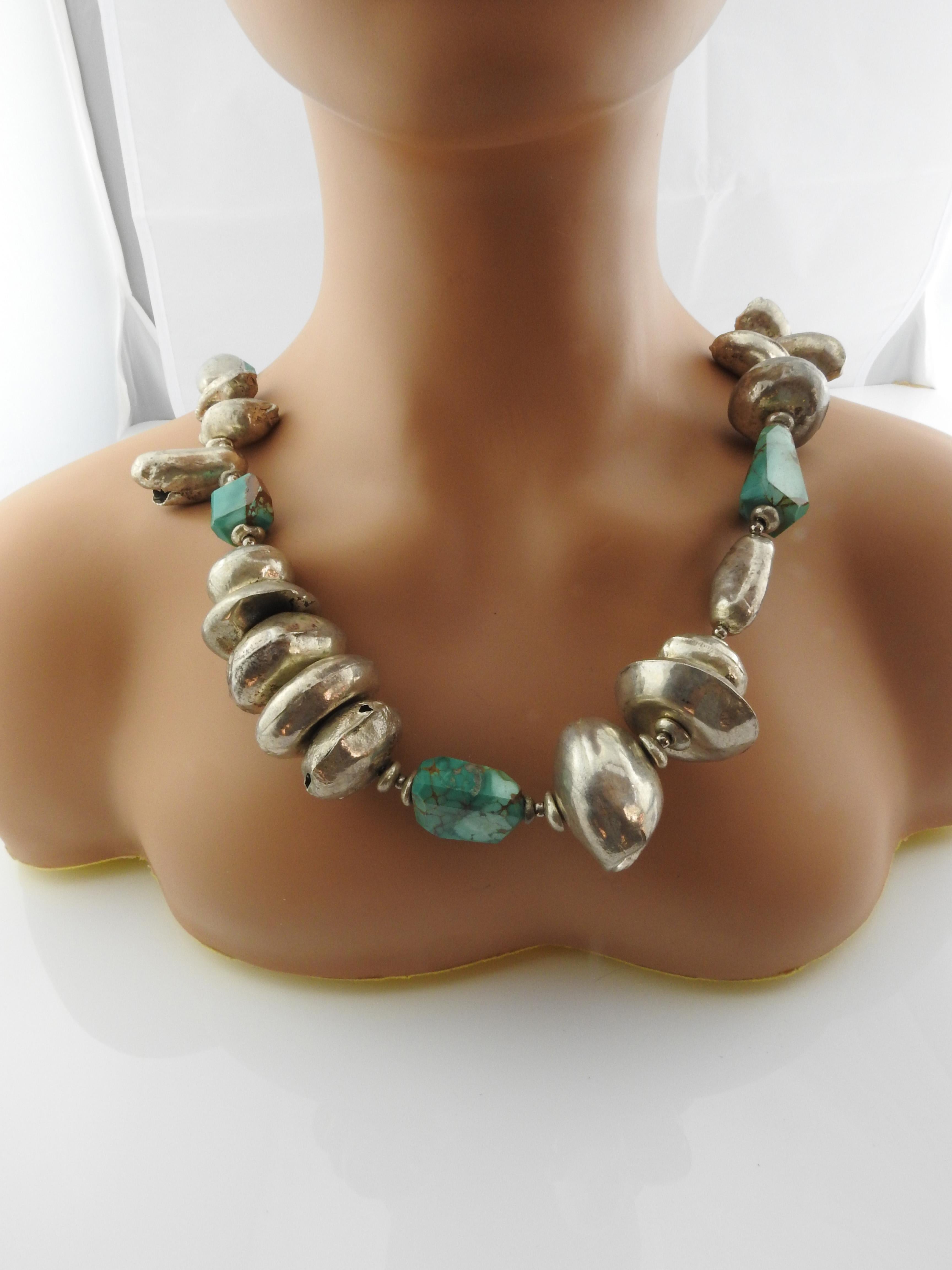 Handmade Native American Silver Puffy Hollow Bead and Turquoise Chunk Necklace In Good Condition For Sale In Washington Depot, CT