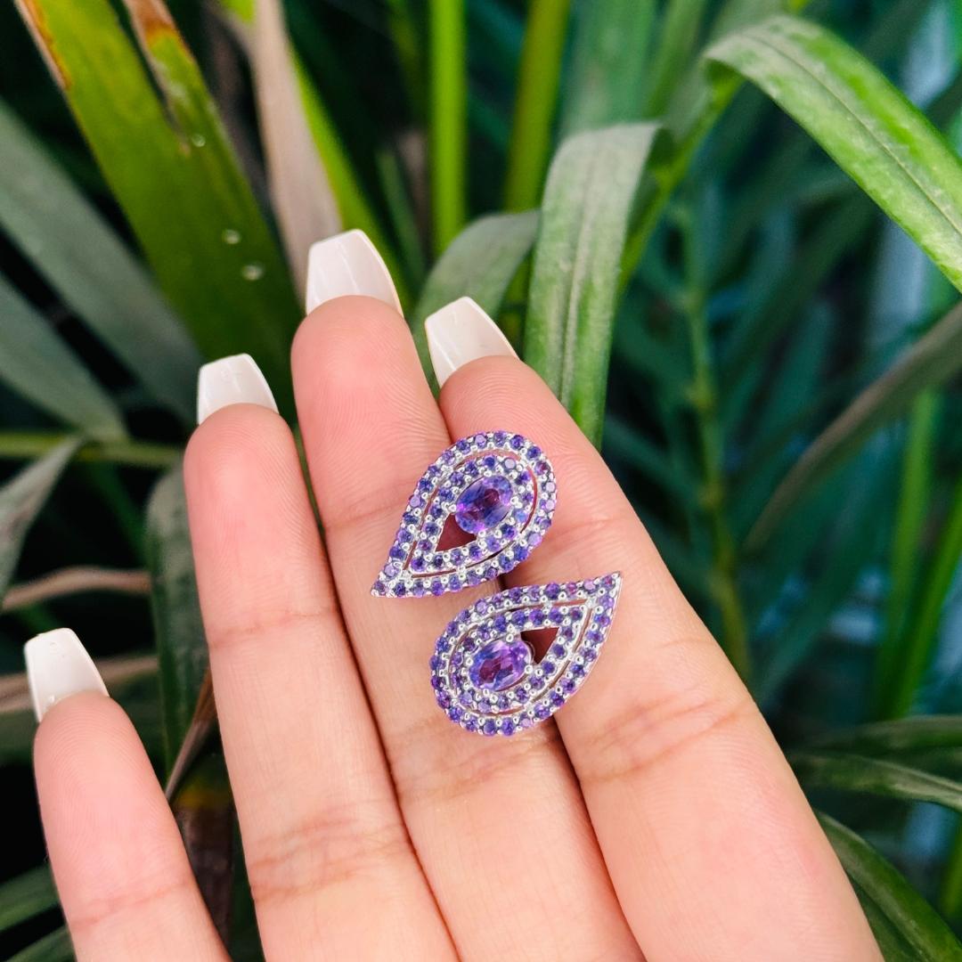 Art Deco Handmade Natural Amethyst Reversed Pear Stud Silver Earrings Gift for Her For Sale