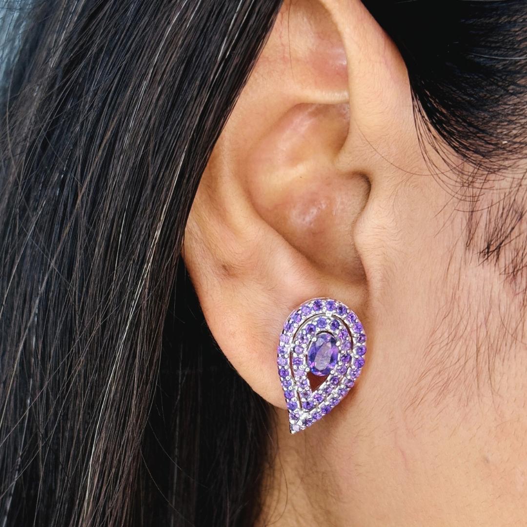 Handmade Natural Amethyst Reversed Pear Stud Silver Earrings Gift for Her In New Condition For Sale In New York, NY