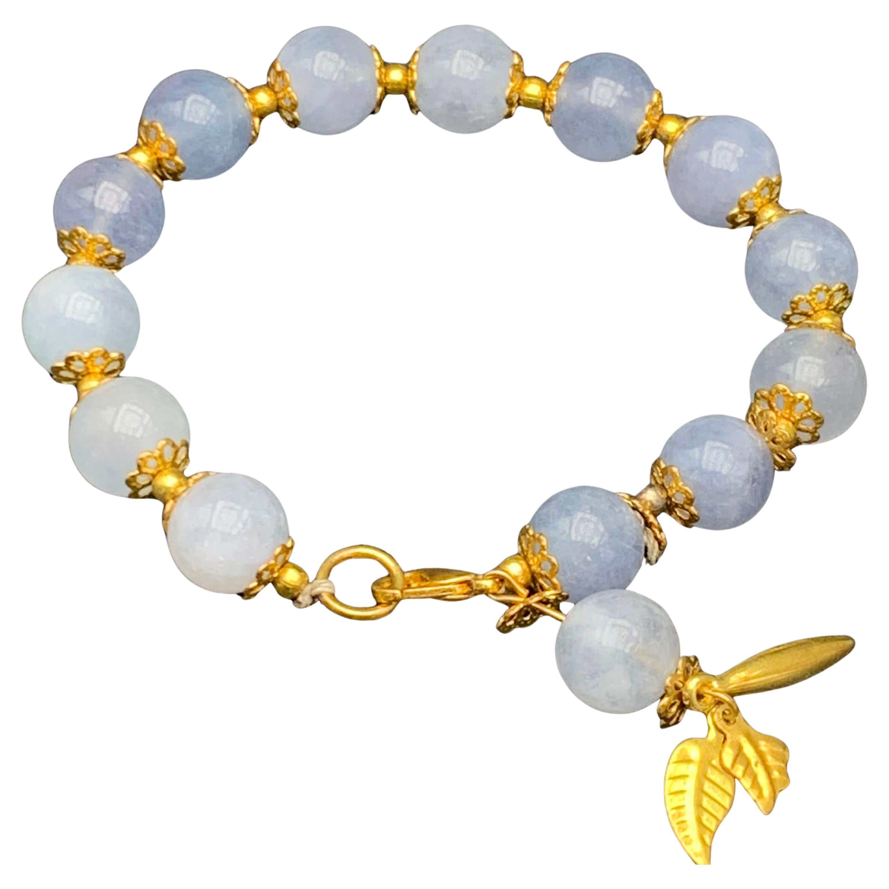 Handmade Natural Aquamarine Bracelet, 10.4 mm Beads, Gold-Plated, 7.5 Inches in vendita