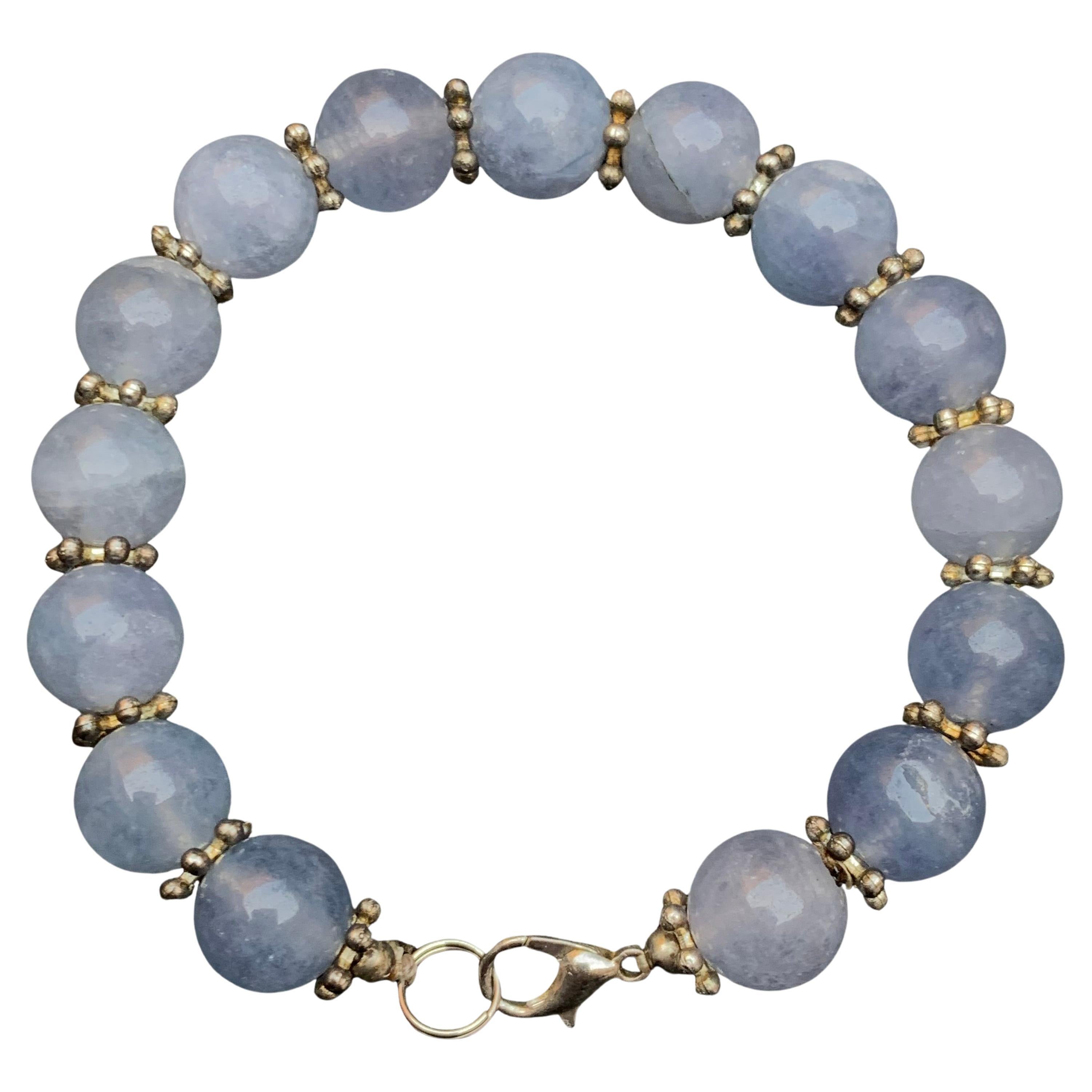 Handmade Natural Aquamarine Gemstone Bracelet, 10.4 mm Beads, Silver Metal, 7.5” For Sale