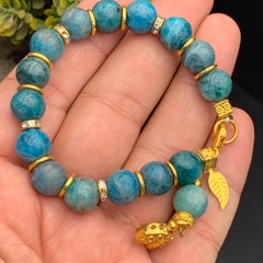 Handmade Natural Blue Apatite Bracelet, 10 mm Beads, Gold-Plated Metal, 7 Inches