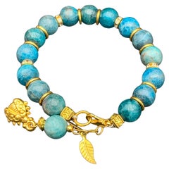 Handmade Natural Blue Apatite Bracelet, 10 mm Beads, Gold-Plated Metal, 7 Inches