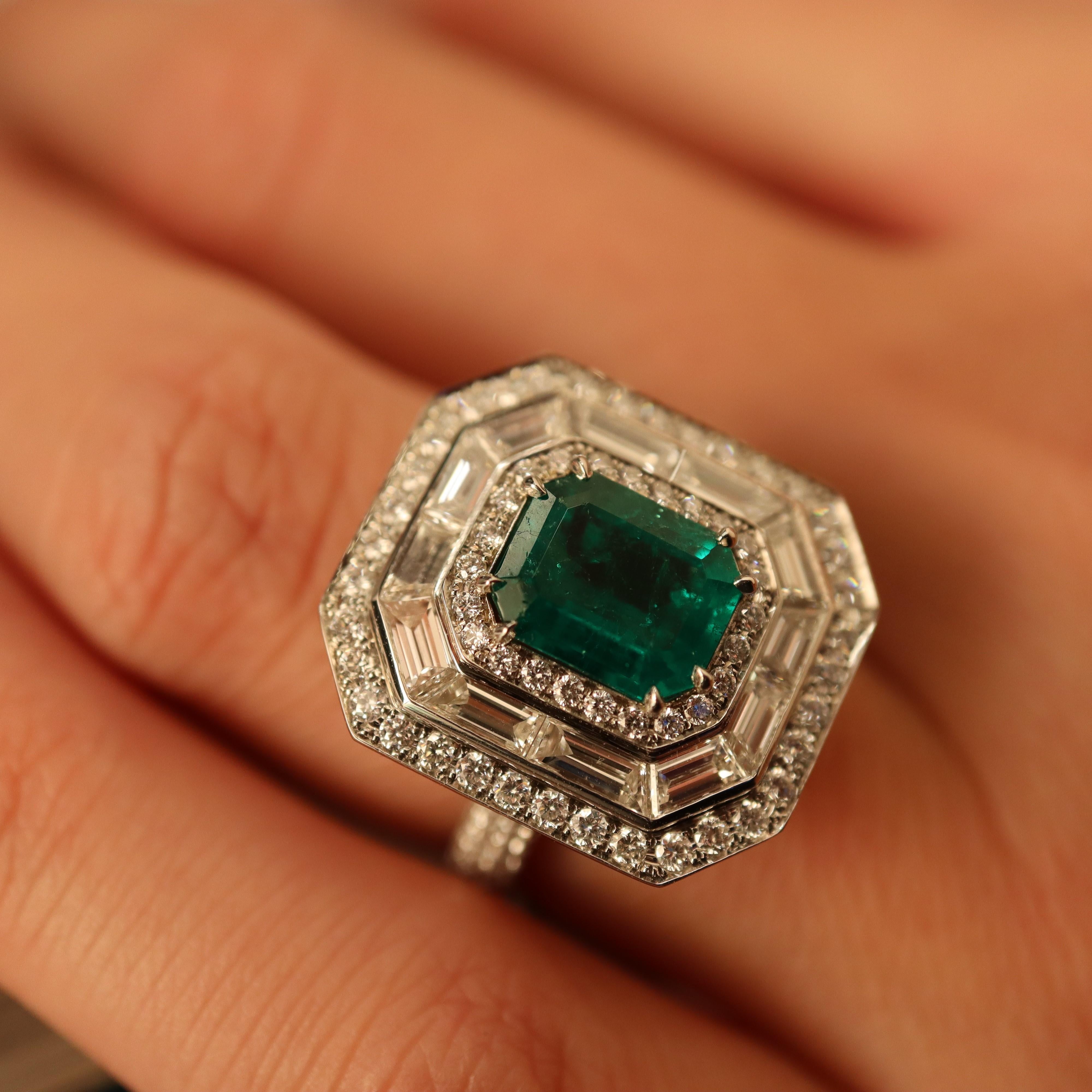 Modern Handmade Natural Colombian Green Emerald Halo Diamond Ring Platinum