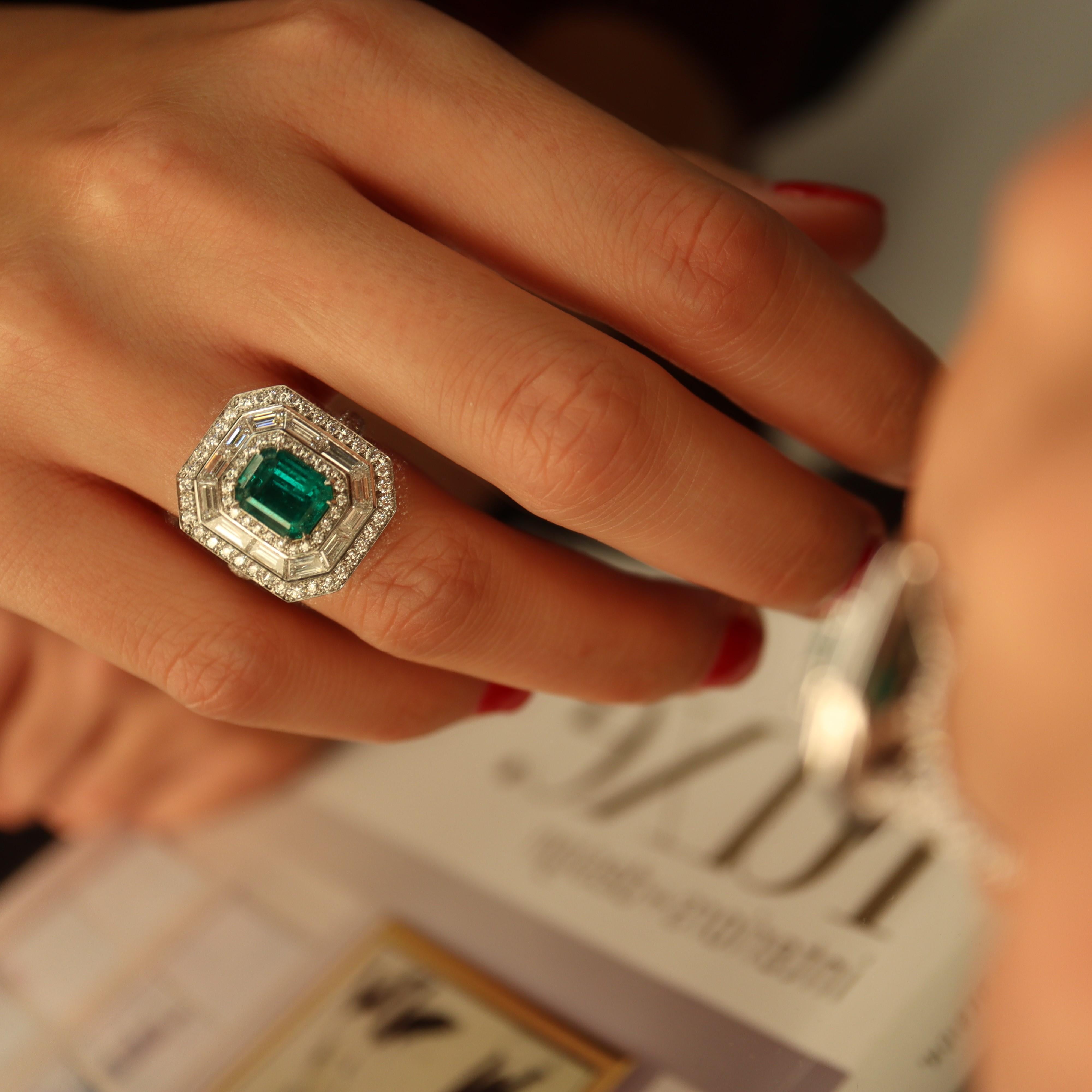 Emerald Cut Handmade Natural Colombian Green Emerald Halo Diamond Ring Platinum