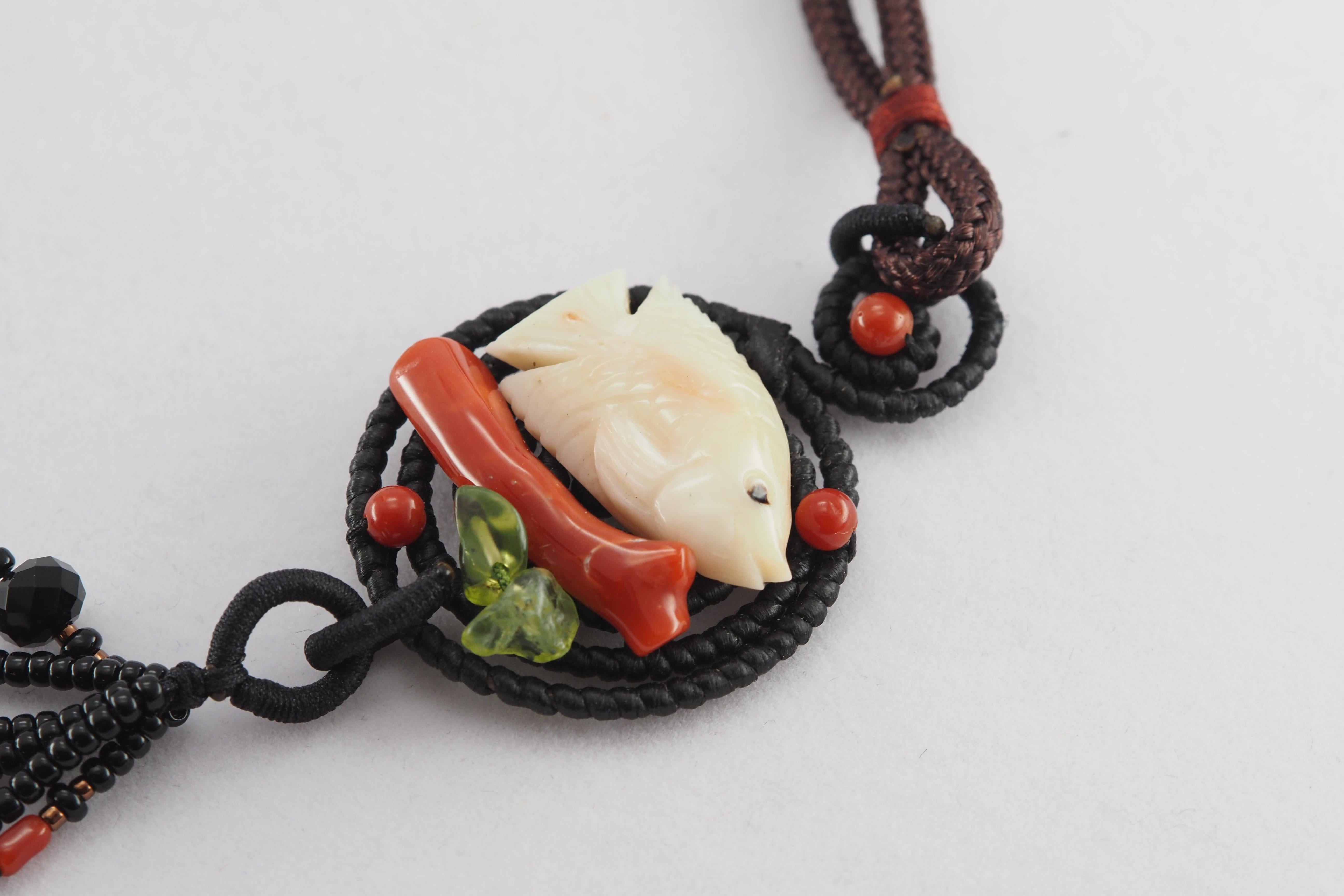 Handmade Natural Coral Carved Fish, Agate & Peridot Gemstone Necklace For Sale 4