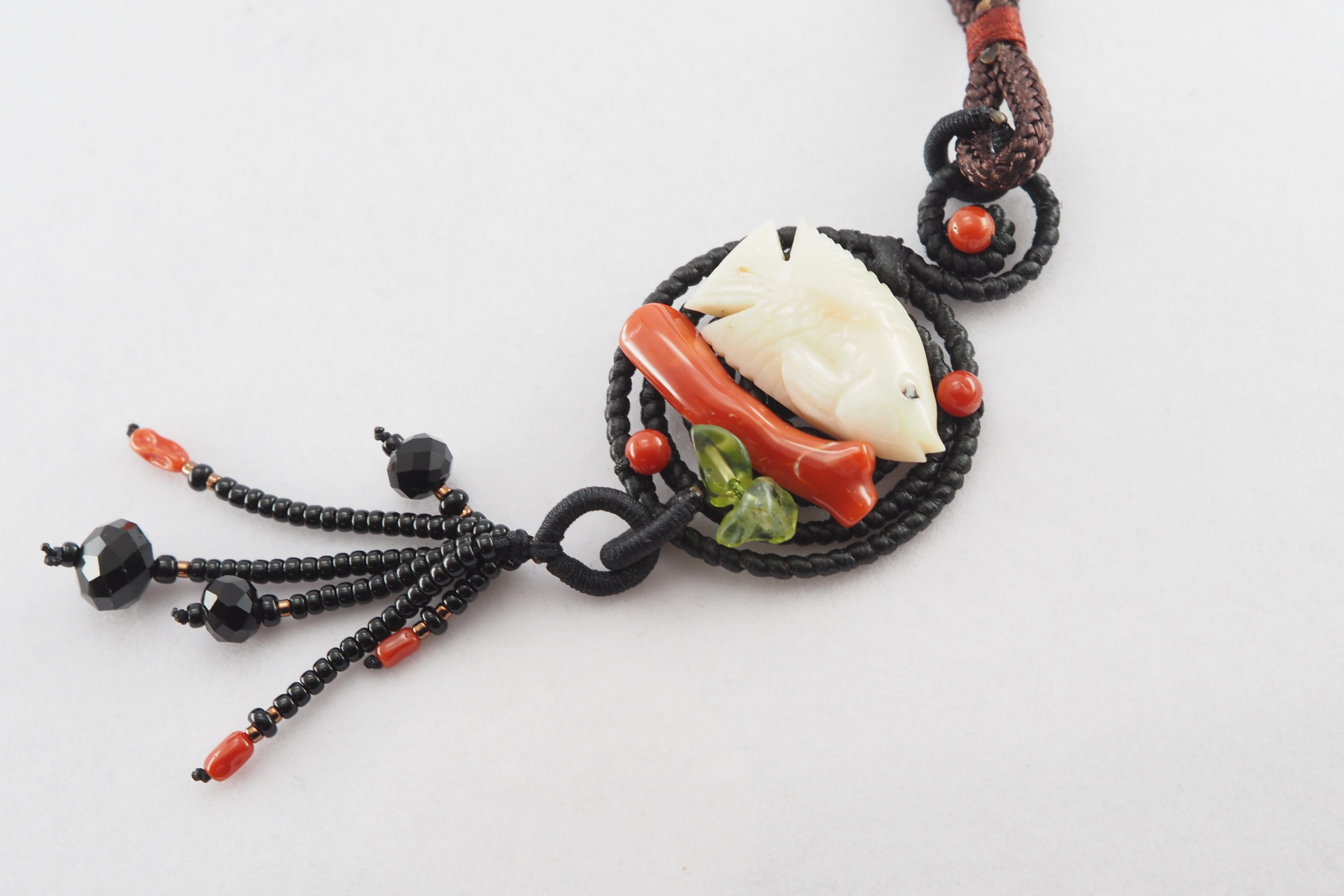 Handmade Natural Coral Carved Fish, Agate & Peridot Gemstone Necklace For Sale 5