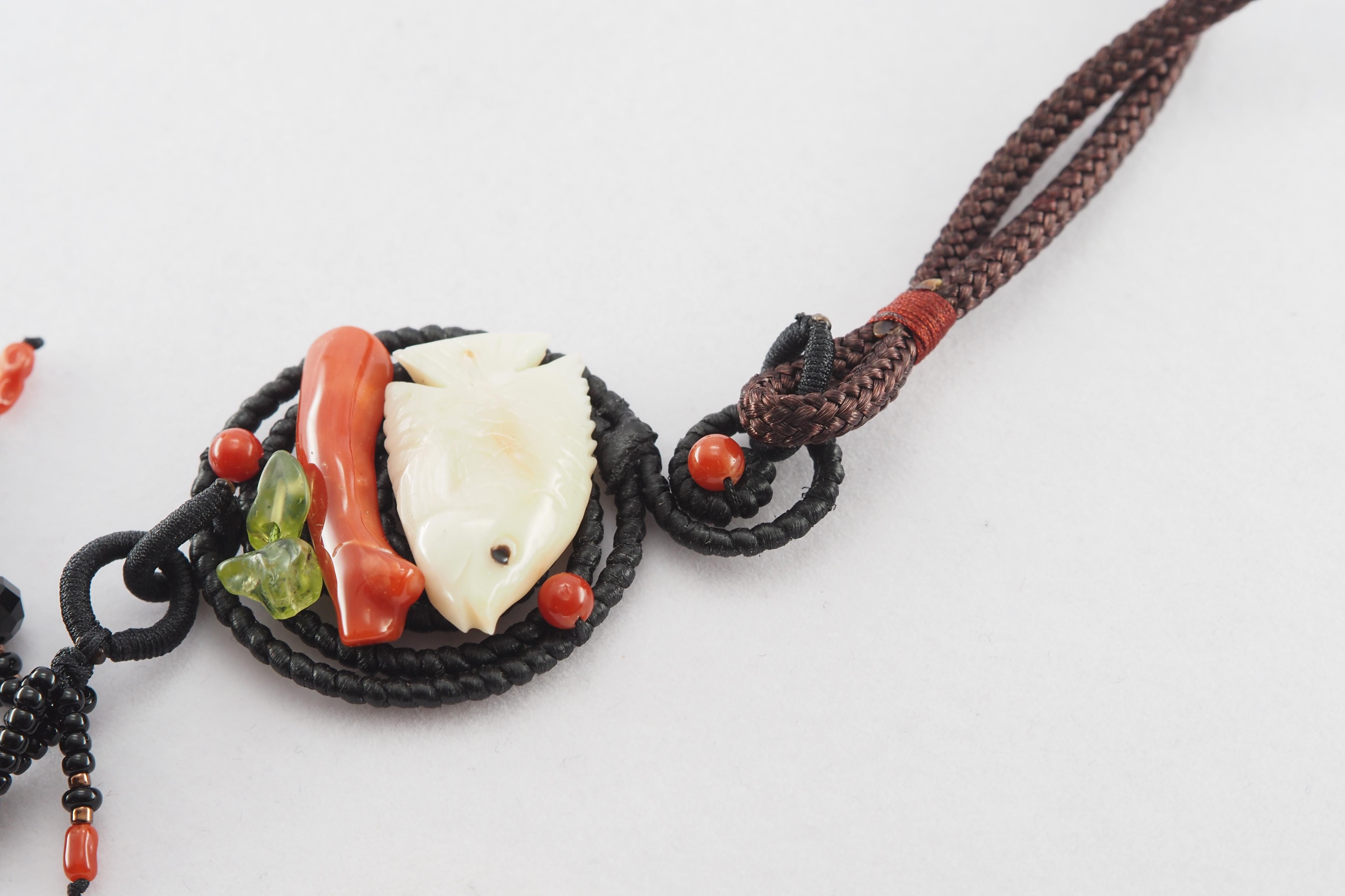Handmade Natural Coral Carved Fish, Agate & Peridot Gemstone Necklace For Sale 6