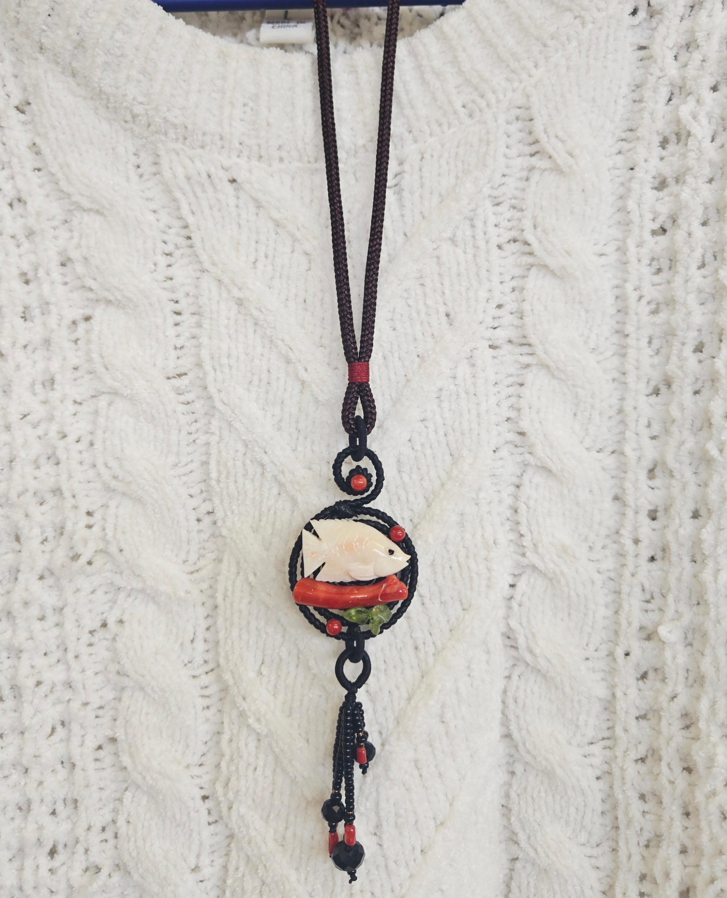 Handmade Natural Coral Carved Fish, Agate & Peridot Gemstone Necklace For Sale 9