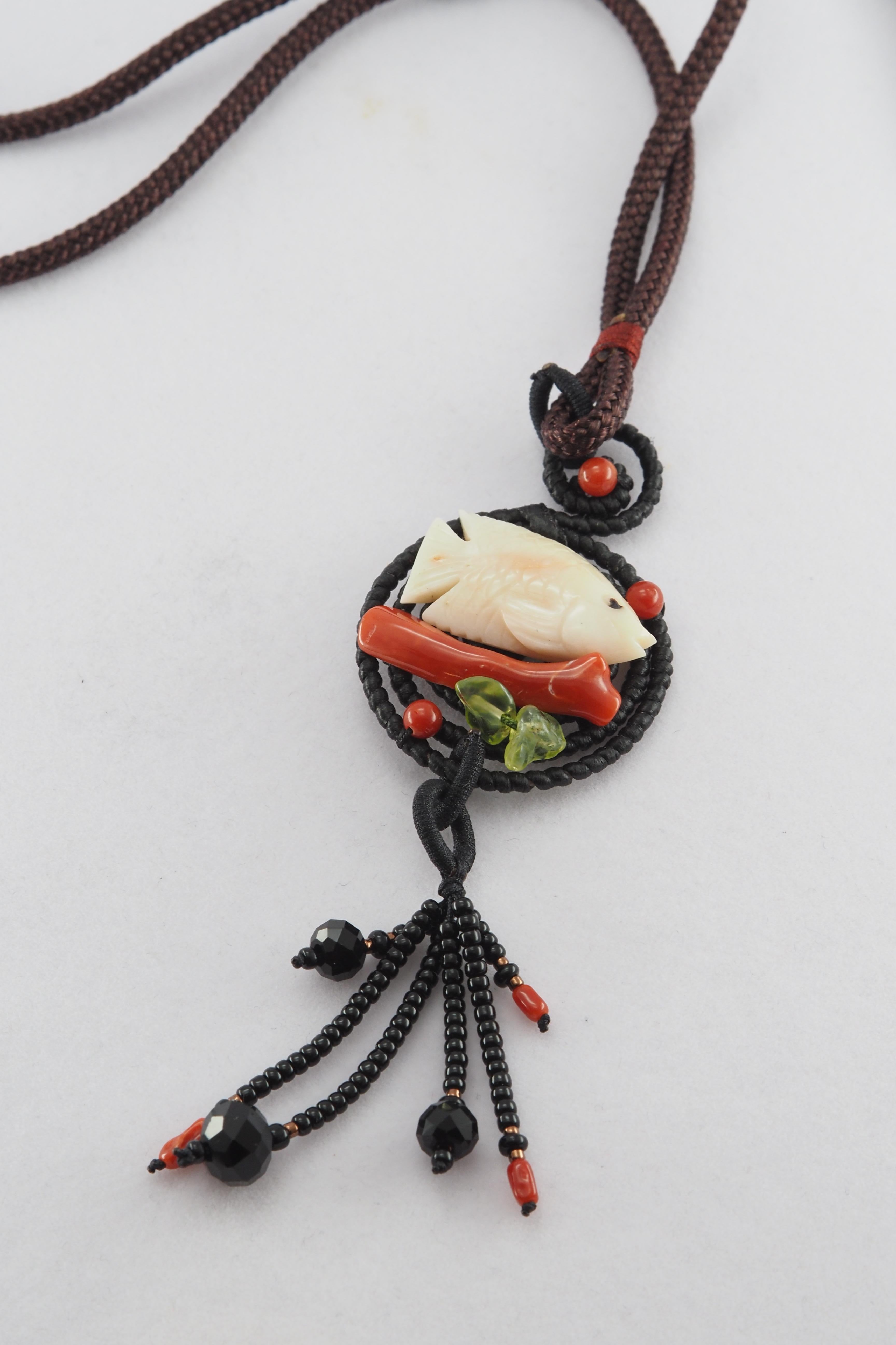 Artisan Handmade Natural Coral Carved Fish, Agate & Peridot Gemstone Necklace For Sale