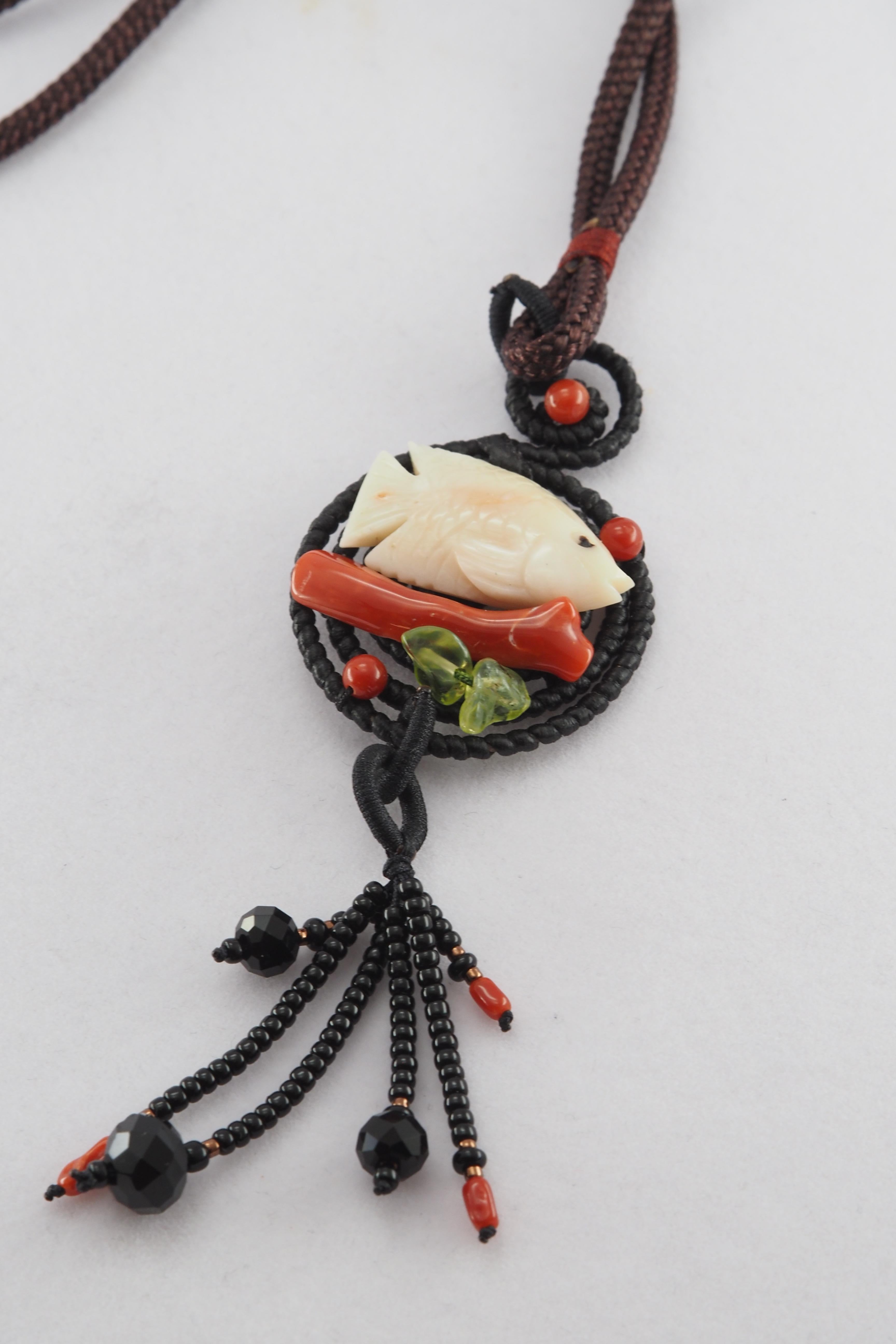 Round Cut Handmade Natural Coral Carved Fish, Agate & Peridot Gemstone Necklace For Sale