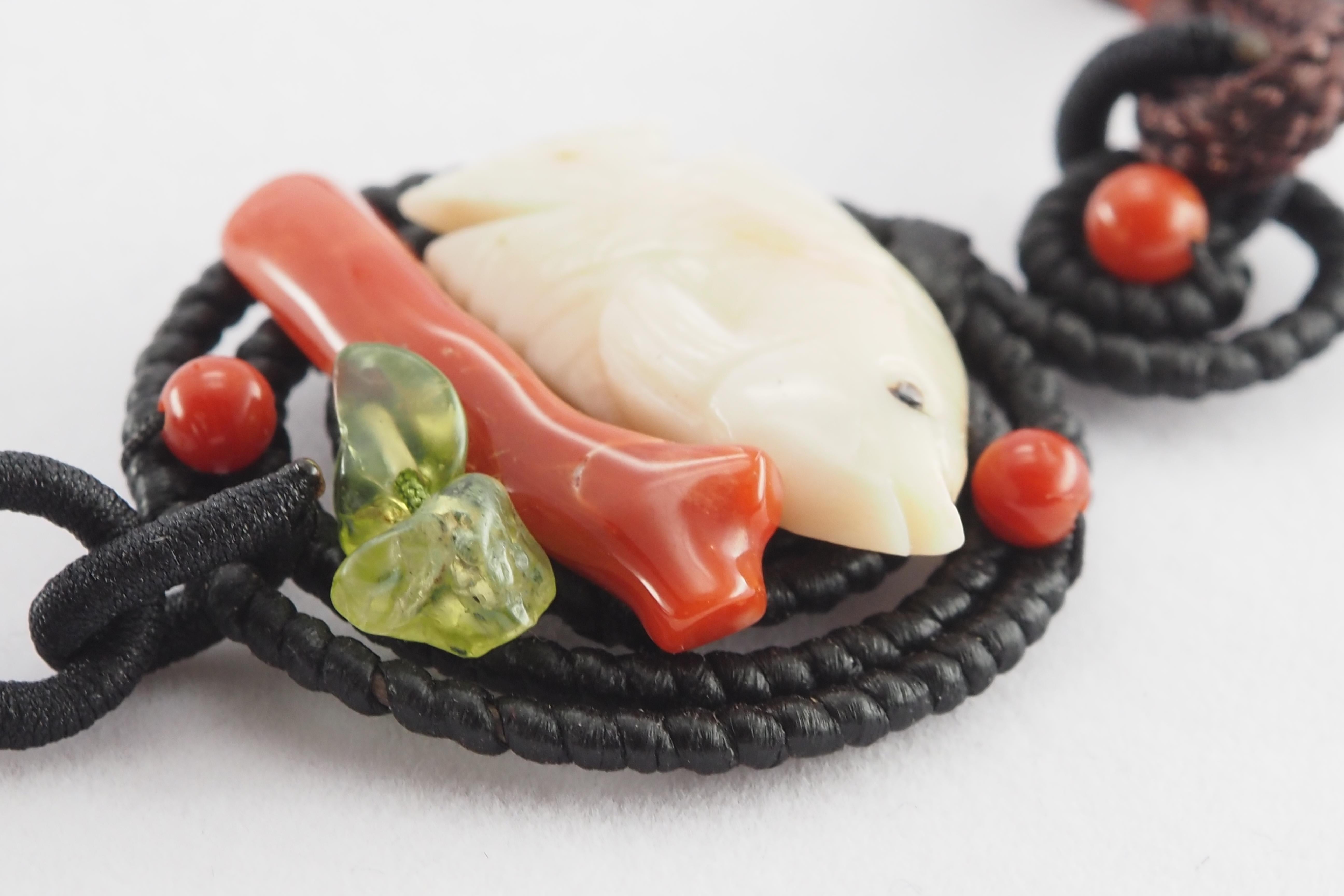 Handmade Natural Coral Carved Fish, Agate & Peridot Gemstone Necklace For Sale 2
