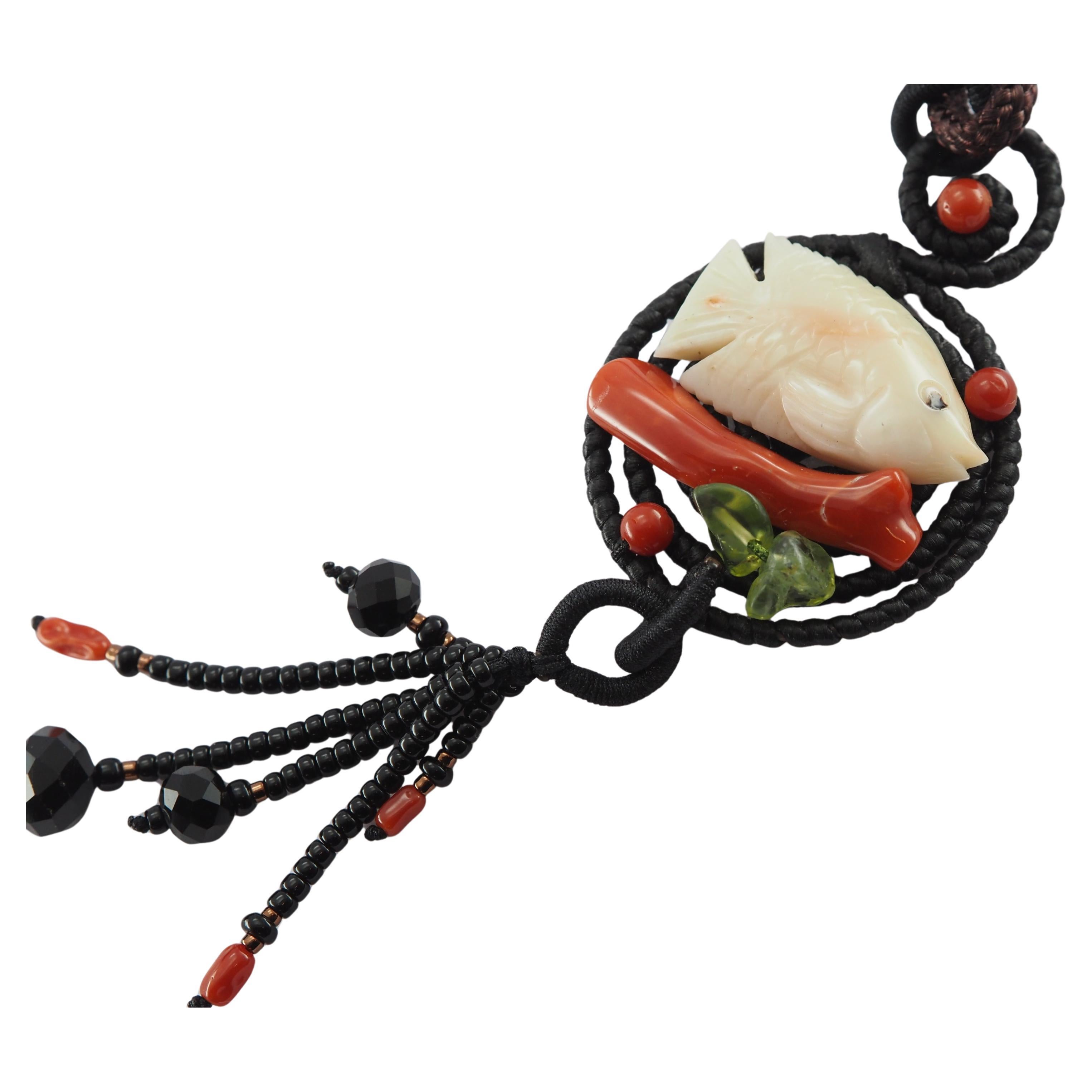 Handmade Natural Coral Carved Fish, Agate & Peridot Gemstone Necklace