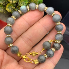 Handmade Natural Dark Gray Labradorite Bracelet with 10 mm Beads, Gold Metal 7.5