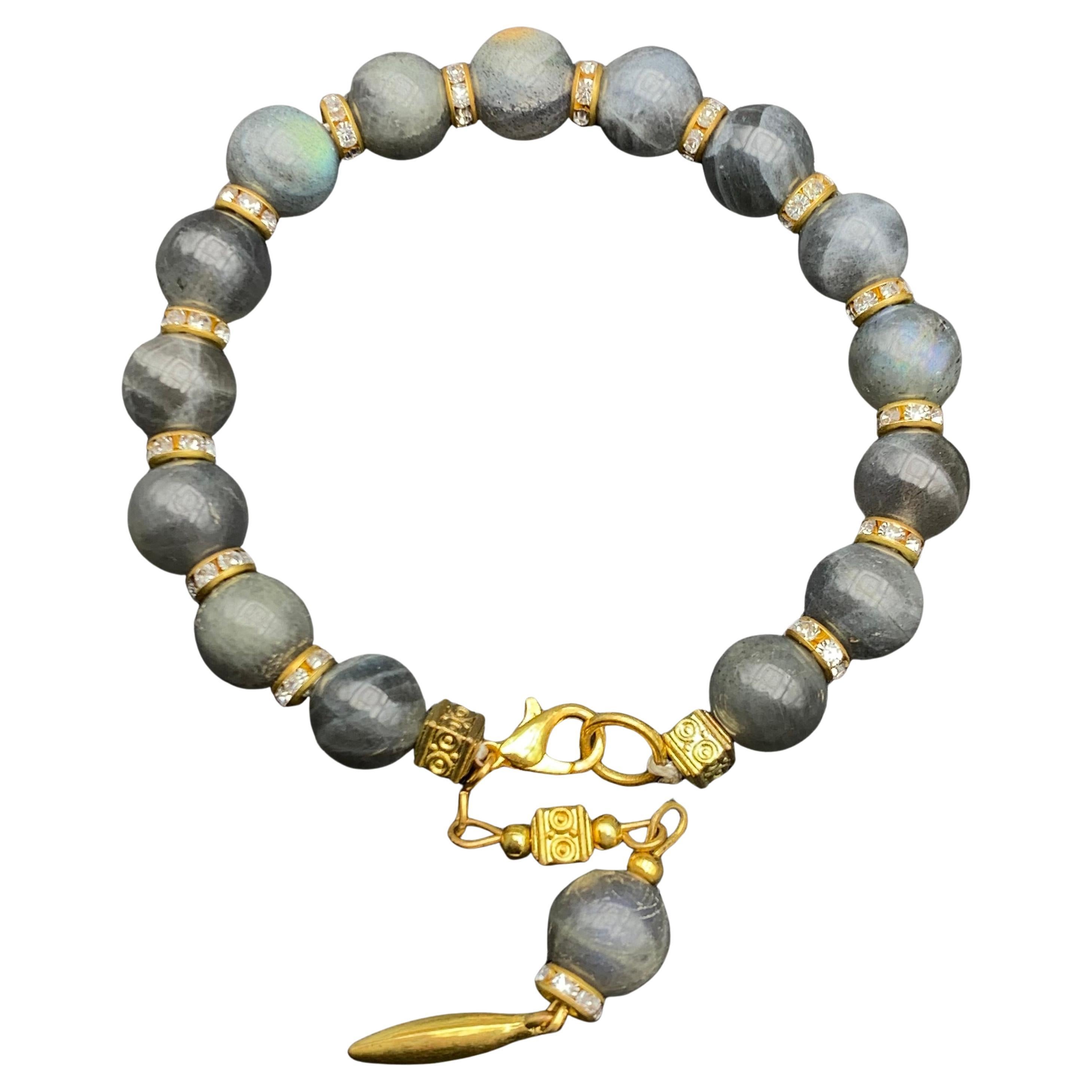 Handmade Natural Dark Gray Labradorite Bracelet with 10 mm Beads, Gold Metal 7.5
