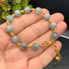 Handgefertigtes natürliches dunkelgraues Labradorit-Armband mit 9,8 mm Perlen, Goldmetall 7"