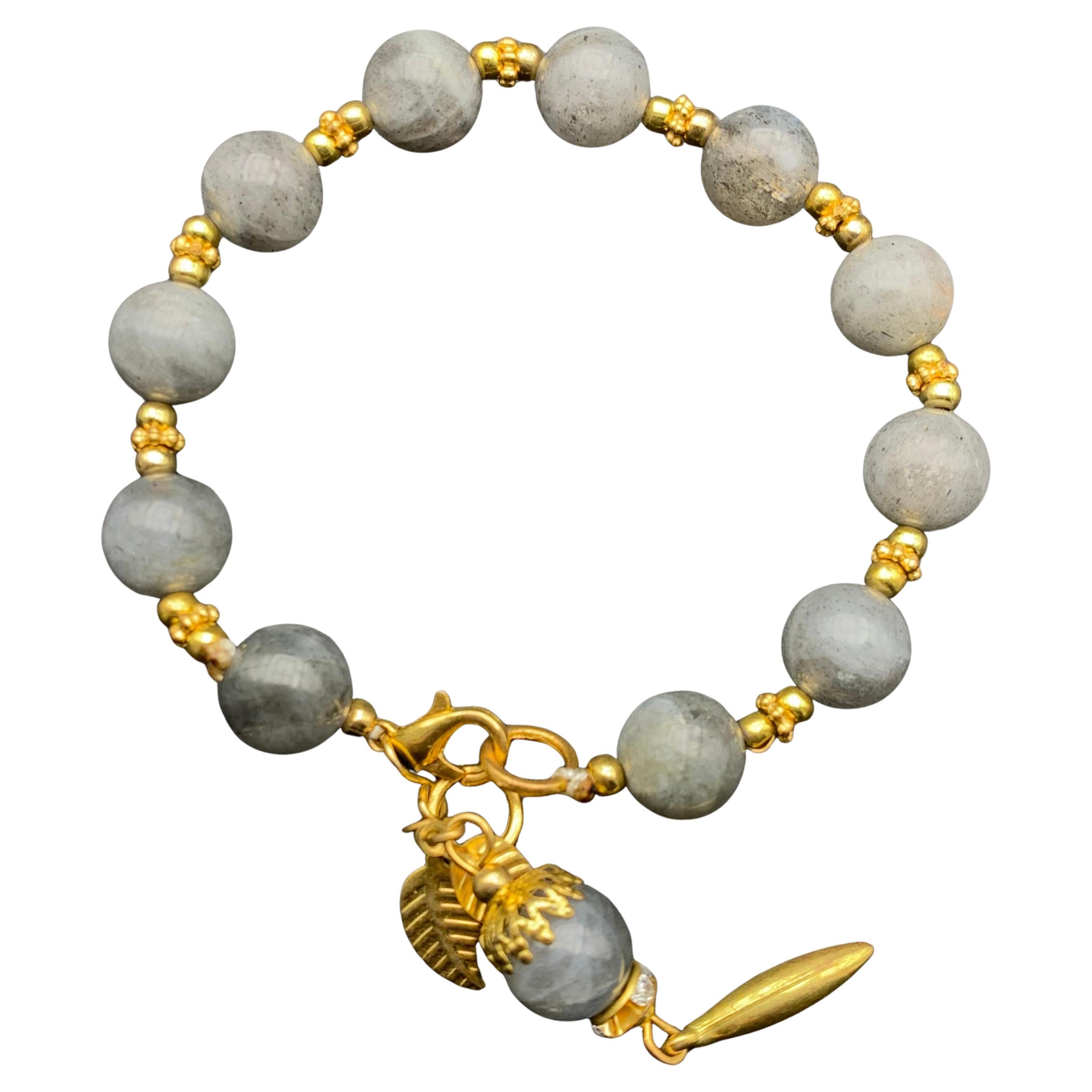Handmade Natural Dark Gray Labradorite Bracelet with 9.8 mm Beads, Gold Metal 7”