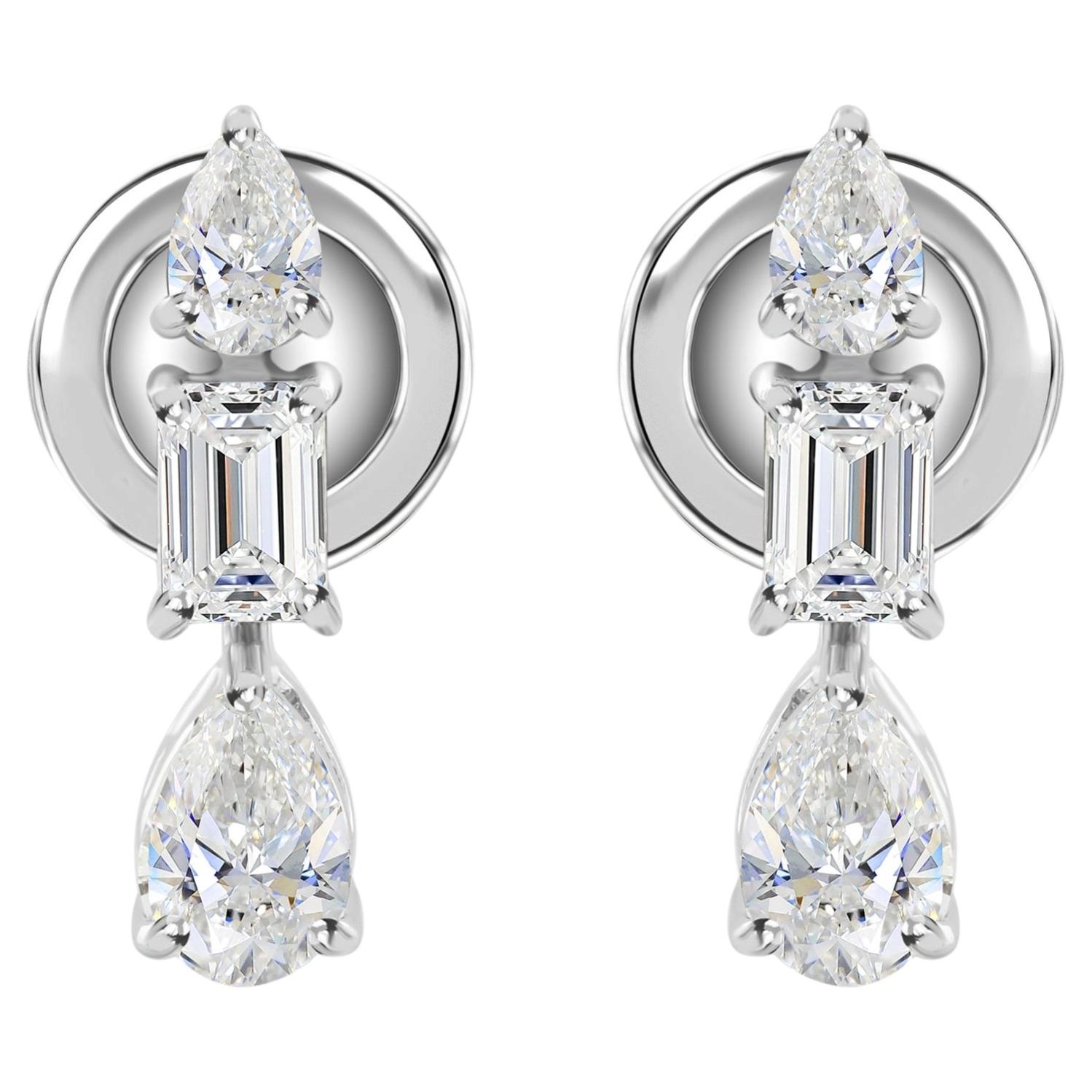 Natural 1.01 Carat Pear Emerald Diamond Drop Earrings in 18K White Gold