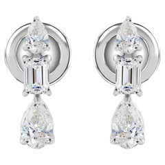Natural 1.01 Carat Pear Emerald Diamond Drop Earrings in 18K White Gold
