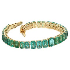 Handmade Natural Emerald Cut Tennis Chain Bracelet 18k Gold Green Gemstone