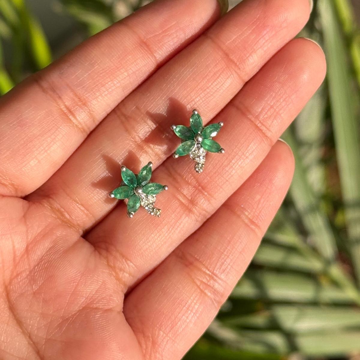 Marquise Cut Handmade Natural Emerald Diamond Floral Studs Earring for Mothers Made in Silver For Sale