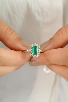 Handmade Natural Emerald & Diamond Sunburst Ring in 14k Solid White Gold
