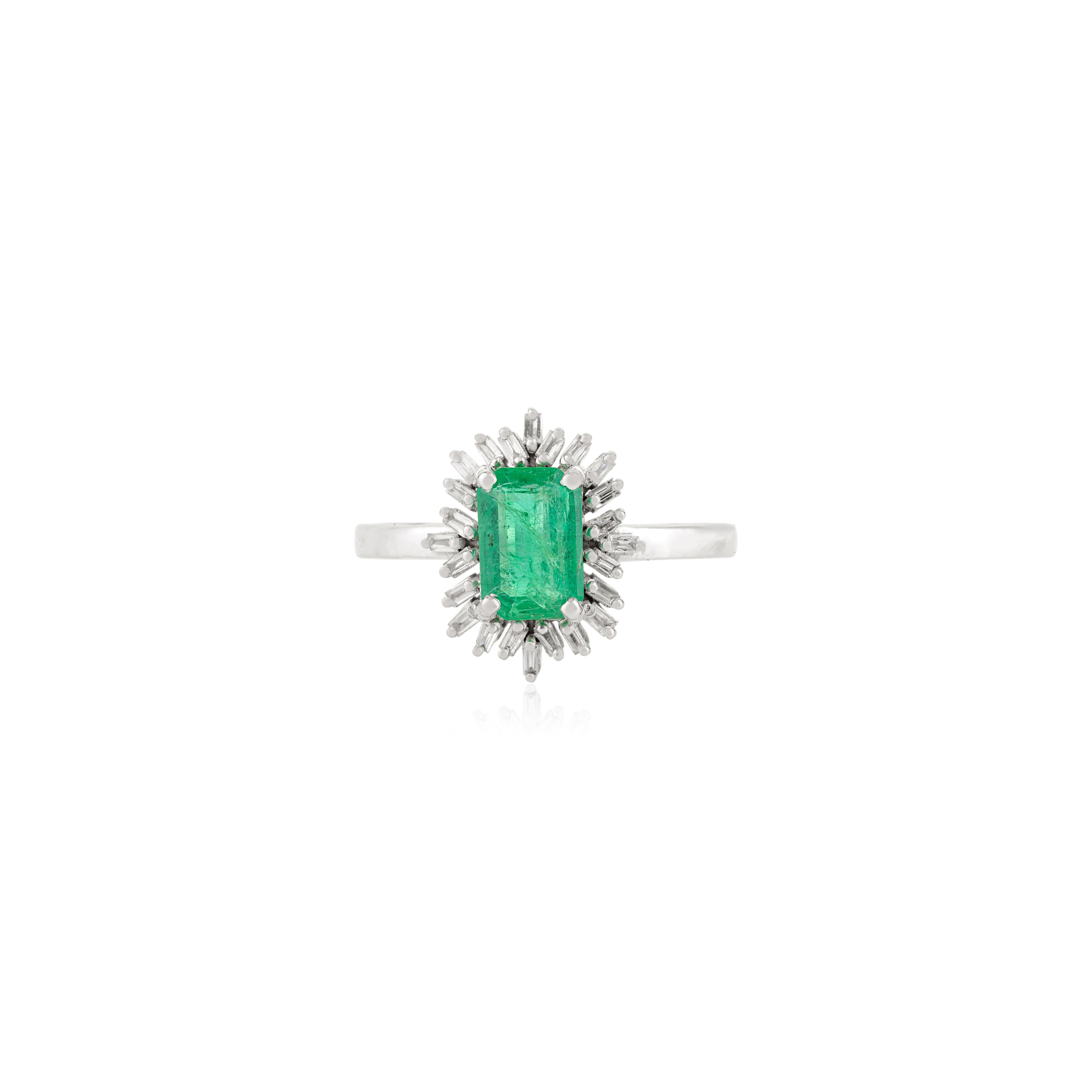 Im Angebot: Handgefertigter natürlicher Smaragd & Diamant-Sunburst-Ring aus massivem 14k Weißgold () 5