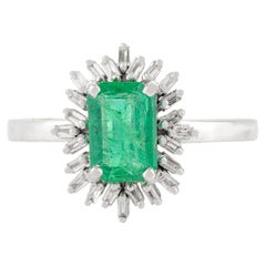 Handmade Natural Emerald & Diamond Sunburst Ring in 14k Solid White Gold