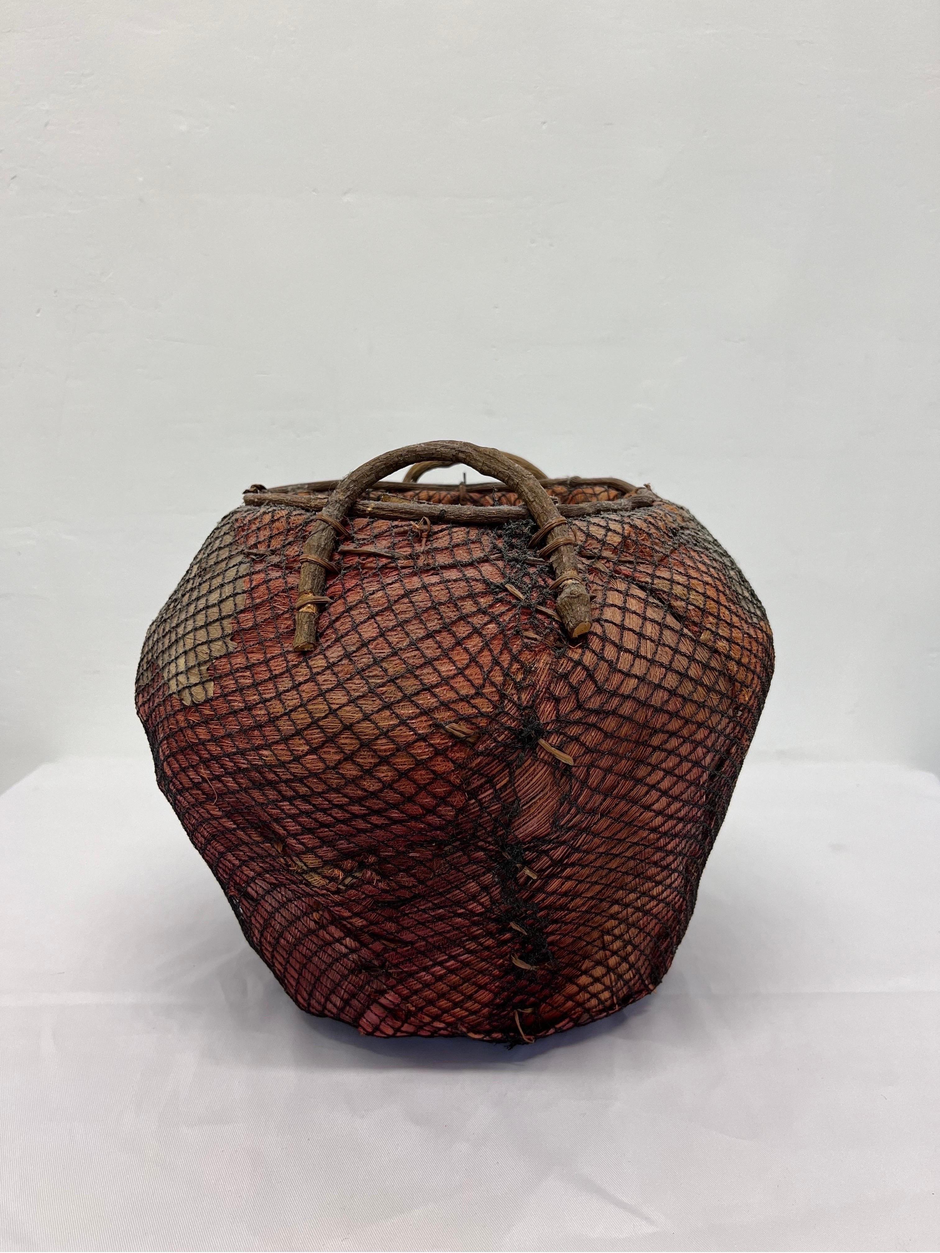 Mid-Century Modern Handmade Natural Fiber and Leaf Basket Wrapped in Fish Net, 1970s For Sale