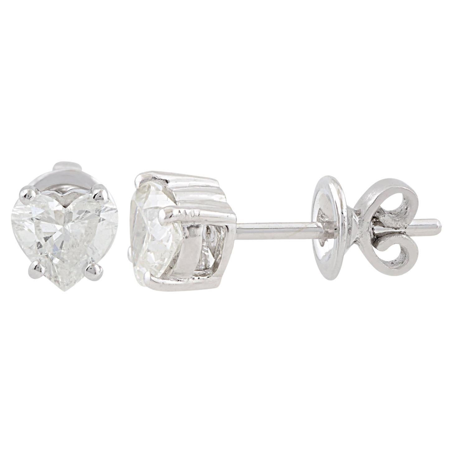 Handmade Natural Heart Diamond Solitaire Stud Earrings 10 Karat White Gold