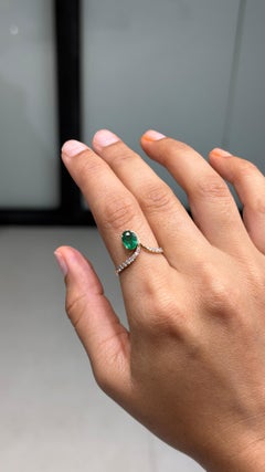 Handmade Natural Oval Emerald & Diamond Bypass Solitaire Ring in 14K Yellow Gold