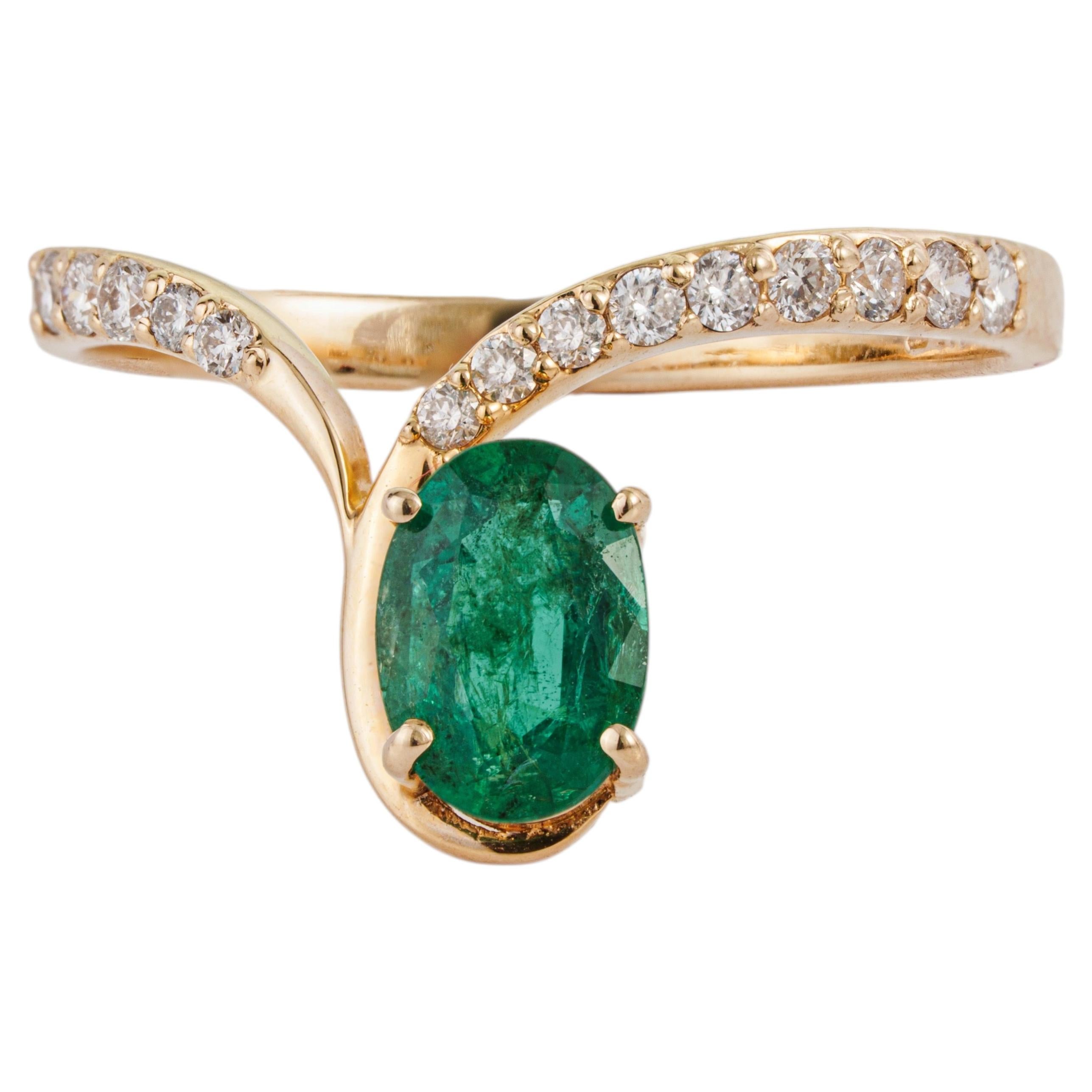 Handmade Natural Oval Emerald & Diamond Bypass Solitaire Ring in 14K Yellow Gold