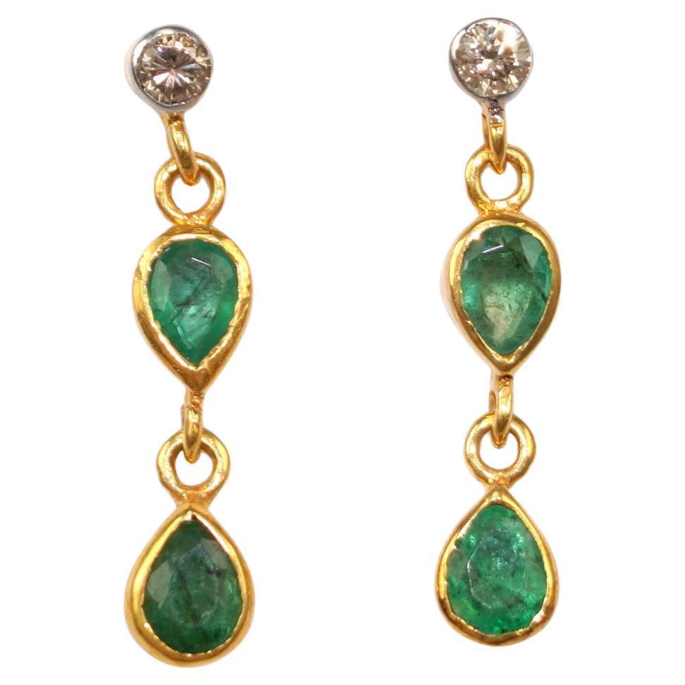Handmade natural rose cut diamonds emeralds 925 silver 18K gold plated earrings For Sale