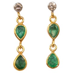 Handmade natural rose cut diamonds emeralds 925 silver 18K gold plated earrings