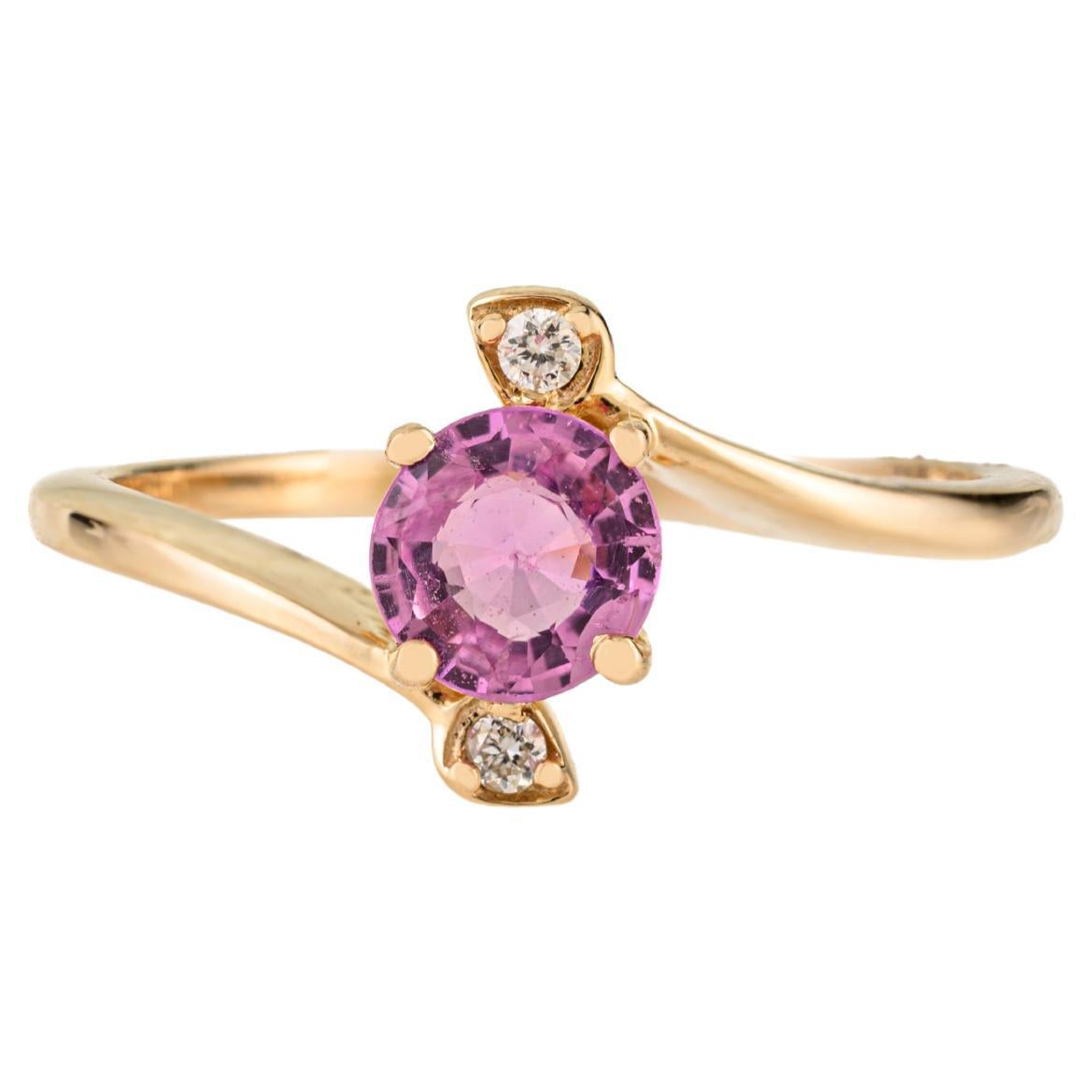 Bague de contournement en or jaune 14 carats, saphir rose rond naturel et diamant, faite à la main