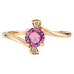 Bague de contournement en or jaune 14 carats, saphir rose rond naturel et diamant, faite à la main