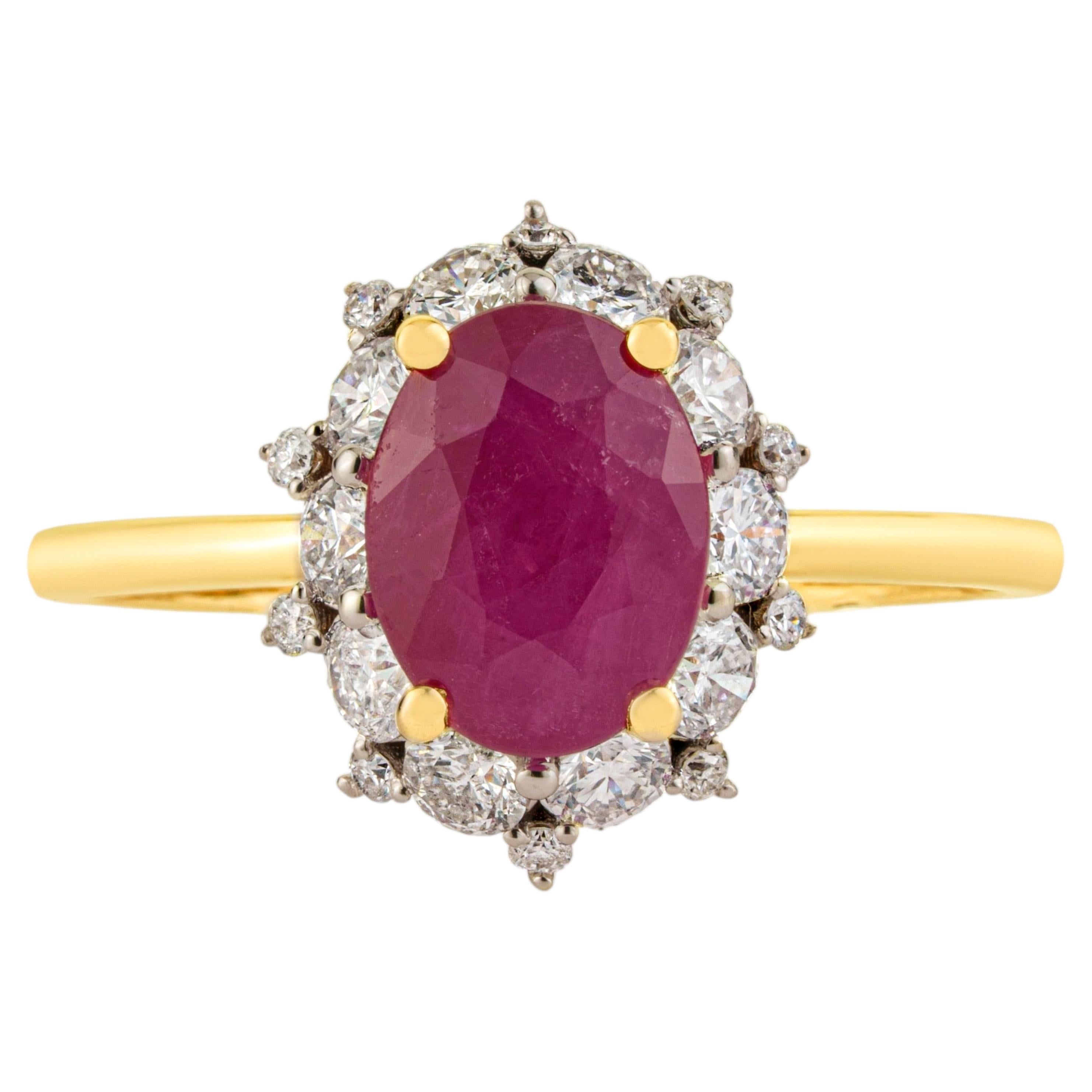 Handmade Natural Ruby & Diamond Halo Statement Ring, 1.52ct in 14K Yellow Gold